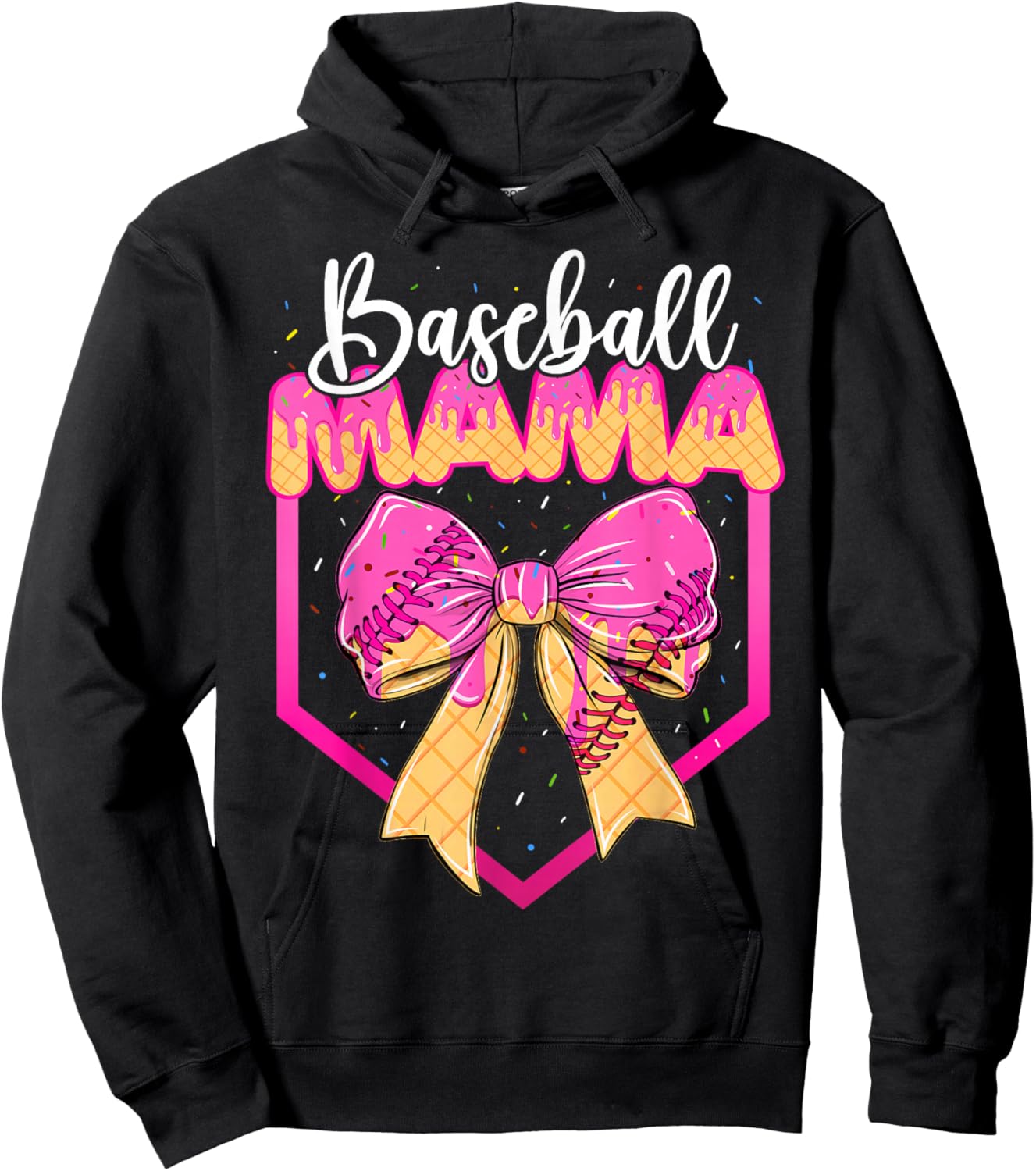 Baseball Mama Drip Ice Cream Drip Sprinkle Mom Bow Hoodie - Hoodie | Black