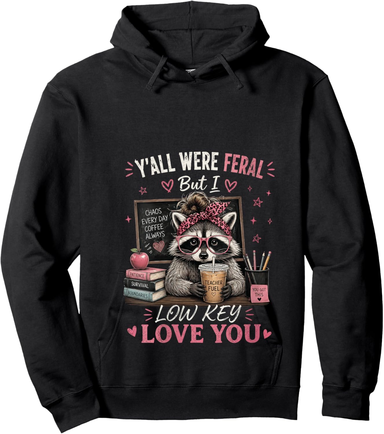 Women's Y'all were Feral But I Low Key Love You Raccoon Iced Coffee V-Neck Hoodie - Hoodie | Black