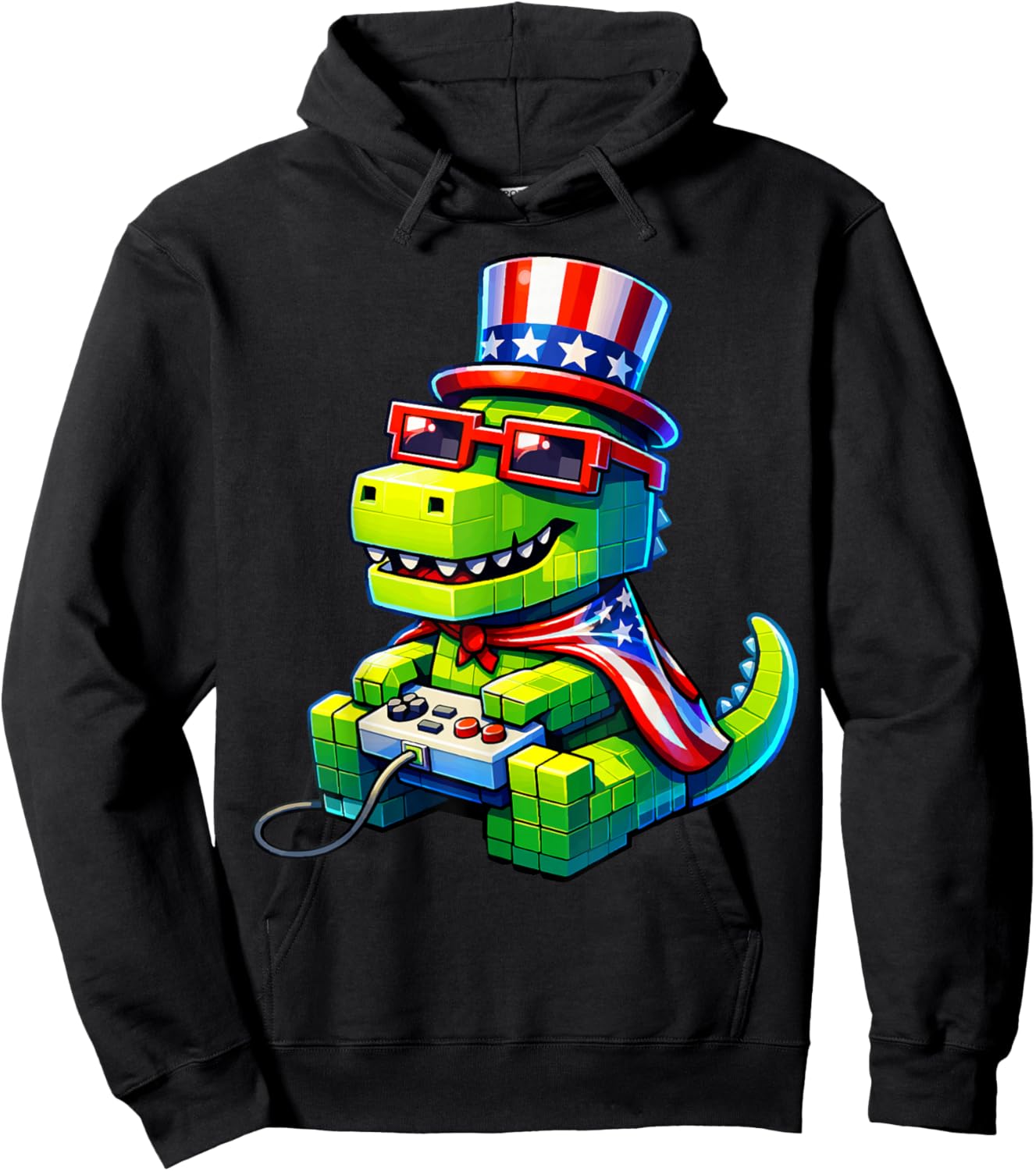4th of July Gamer Patriotic T Rex Dinosaur Pixel Video Game Hoodie - Hoodie | Black