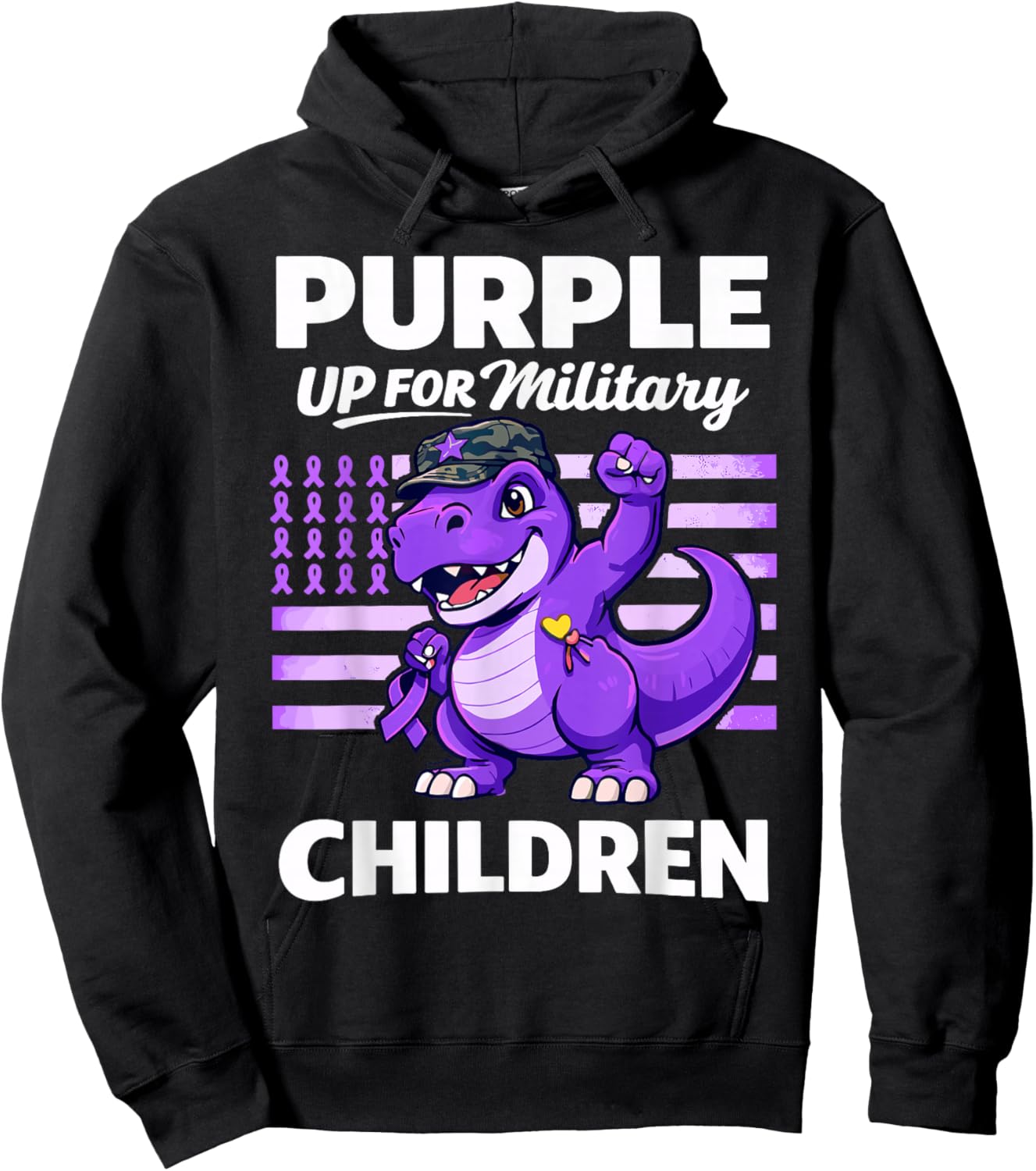 Purple Up for Military Children Dinosaur Military Kids Hoodie - Hoodie | Black