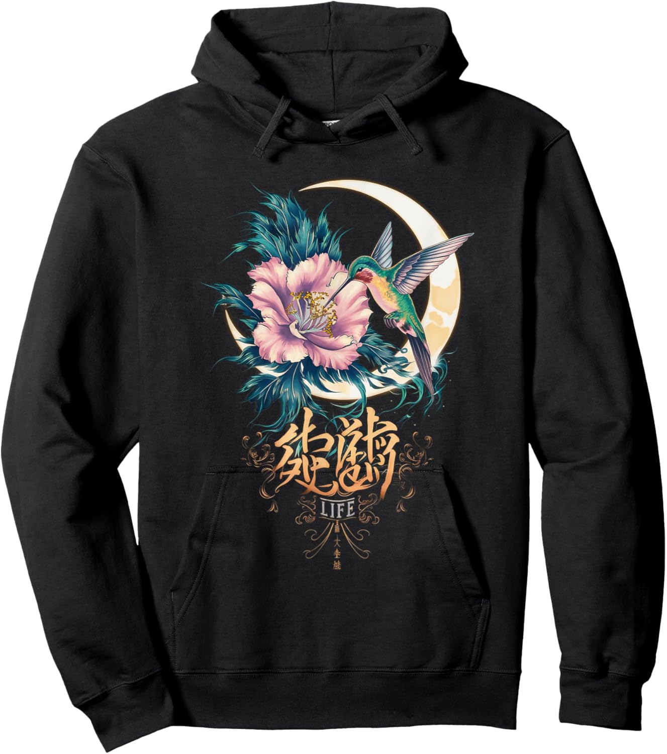 Vibrant Life Hummingbird with Hibiscus Moon Japanese Style Hoodie - Hoodie | Black
