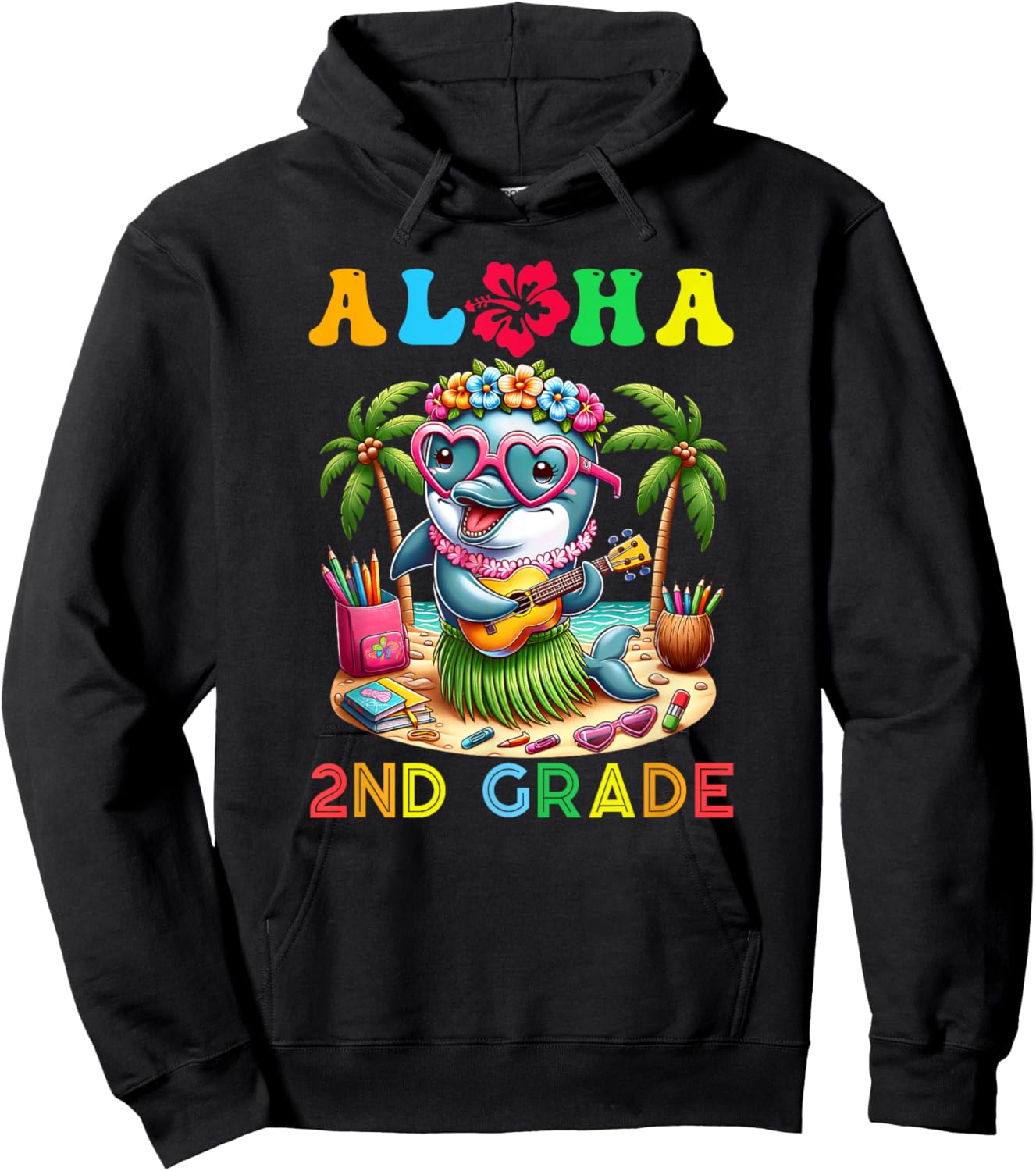 Aloha Second Grade Dolphin Hawaii Back to School Kids Girl Hoodie - Hoodie | Black