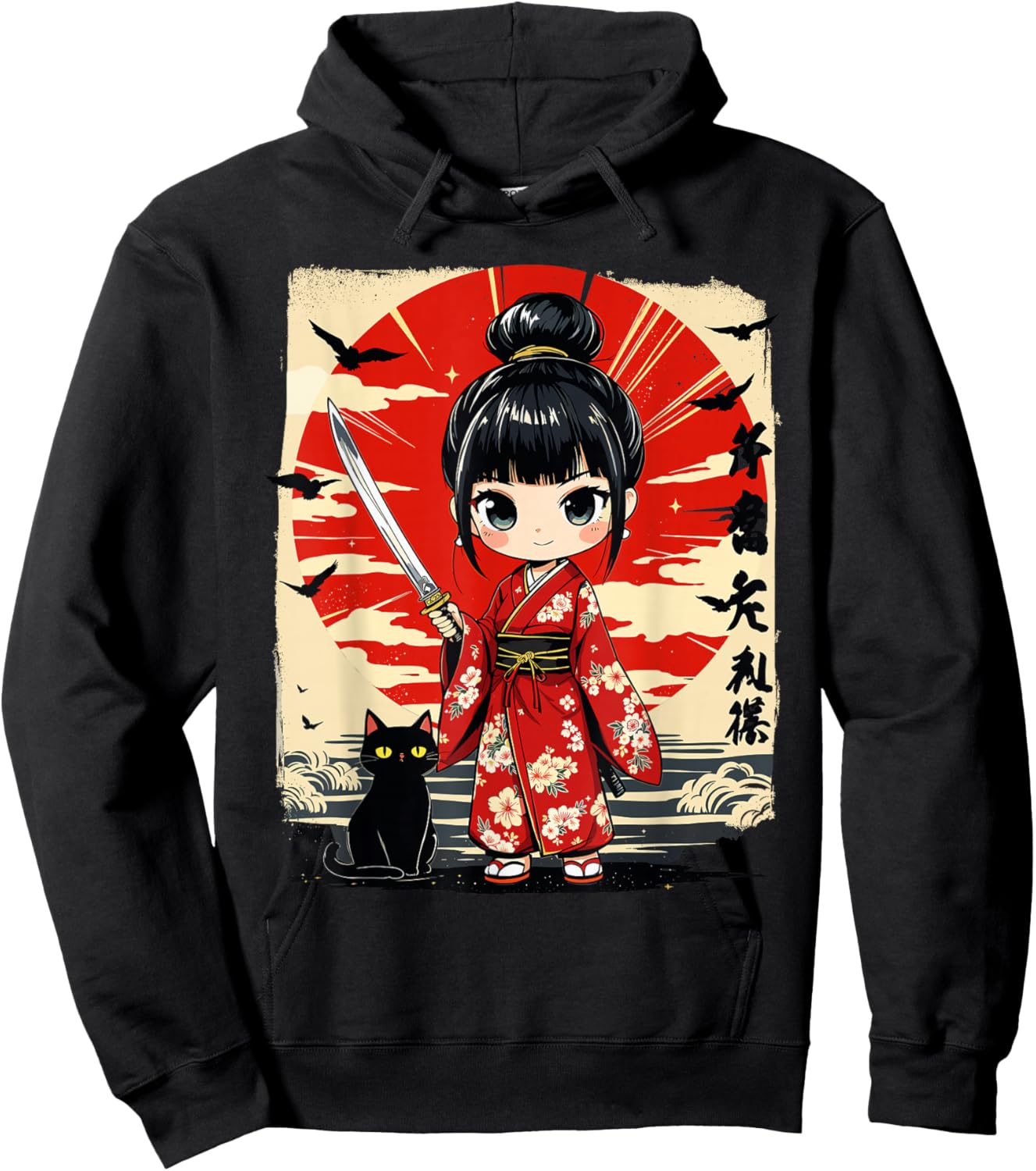 Cute Kawaii Samurai Girl and Cat Japanese Anime Kids Girls Hoodie - Hoodie | Black