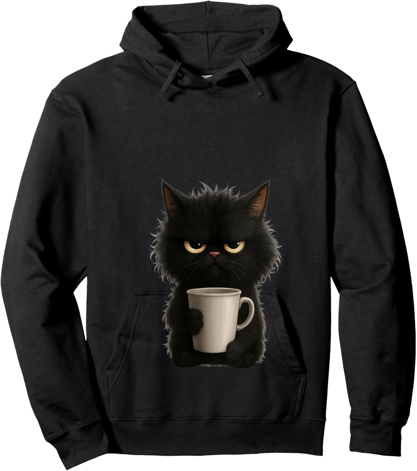 Grumpy Black Cat Coffee Mug Morning Mood Design V-Neck Hoodie - Hoodie | Black