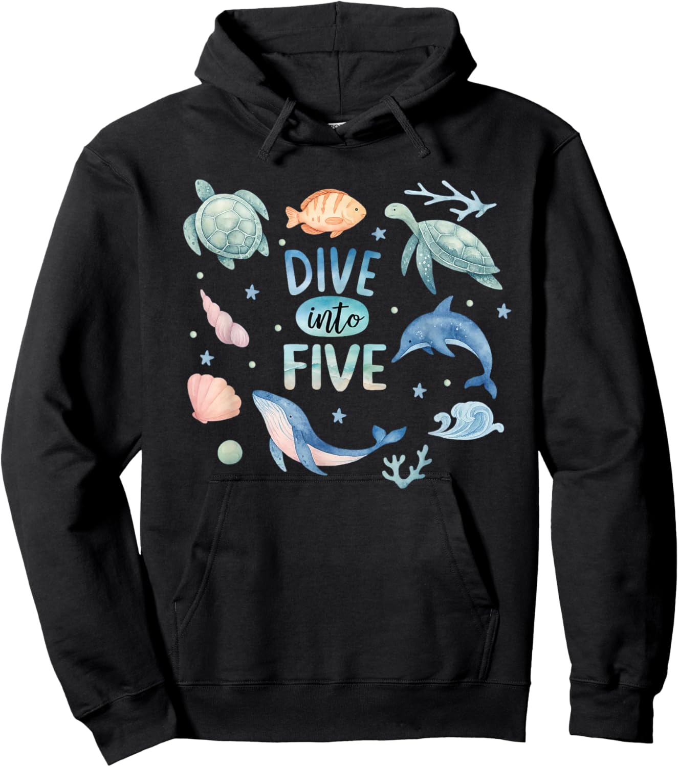 Dive Into Five 5th Birthday Boy Girl 5 Year Ocean Animals Hoodie - Hoodie | Black