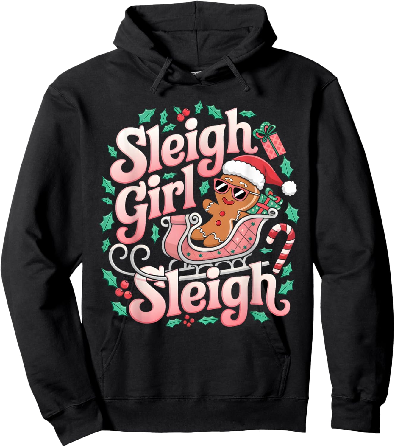 Groovy Pink Christmas Sleigh Girl Sleigh Gingerbread Holiday Hoodie - Hoodie | Black