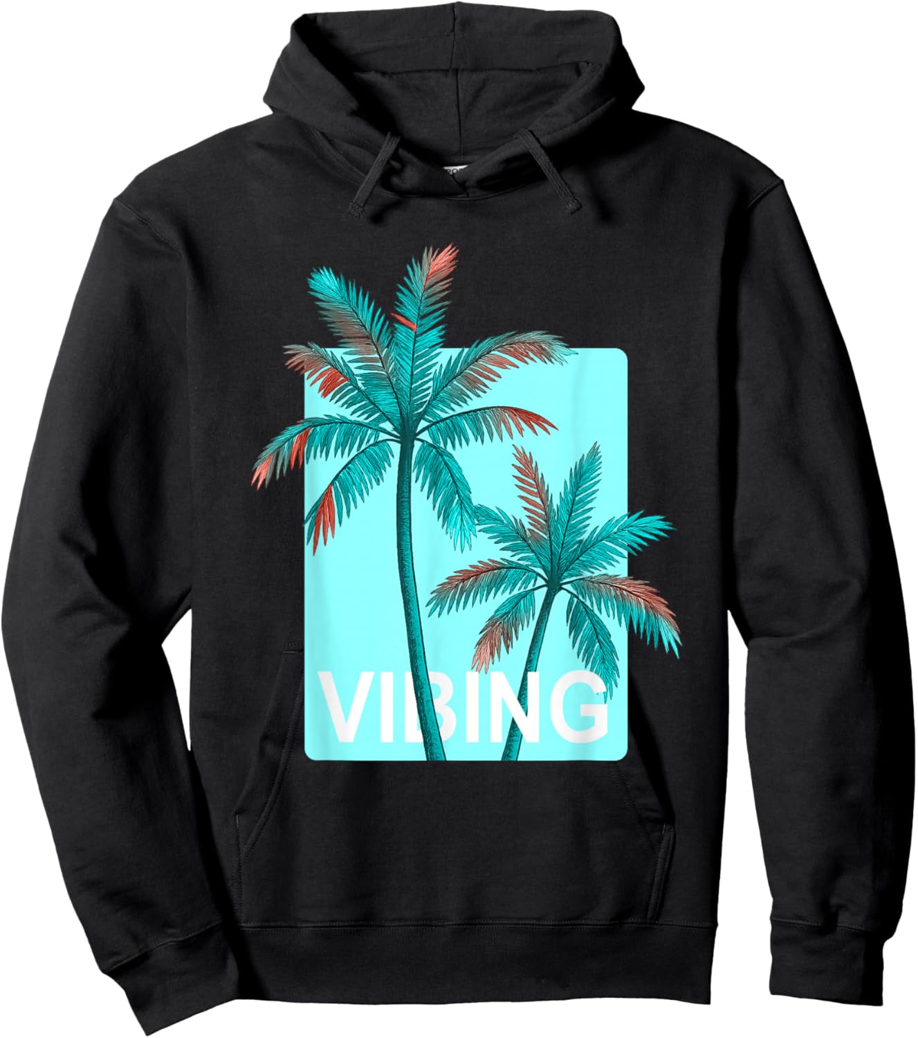Turquoise Color Palm Trees Vibing Turquoise Graphic Hoodie - Hoodie | Black