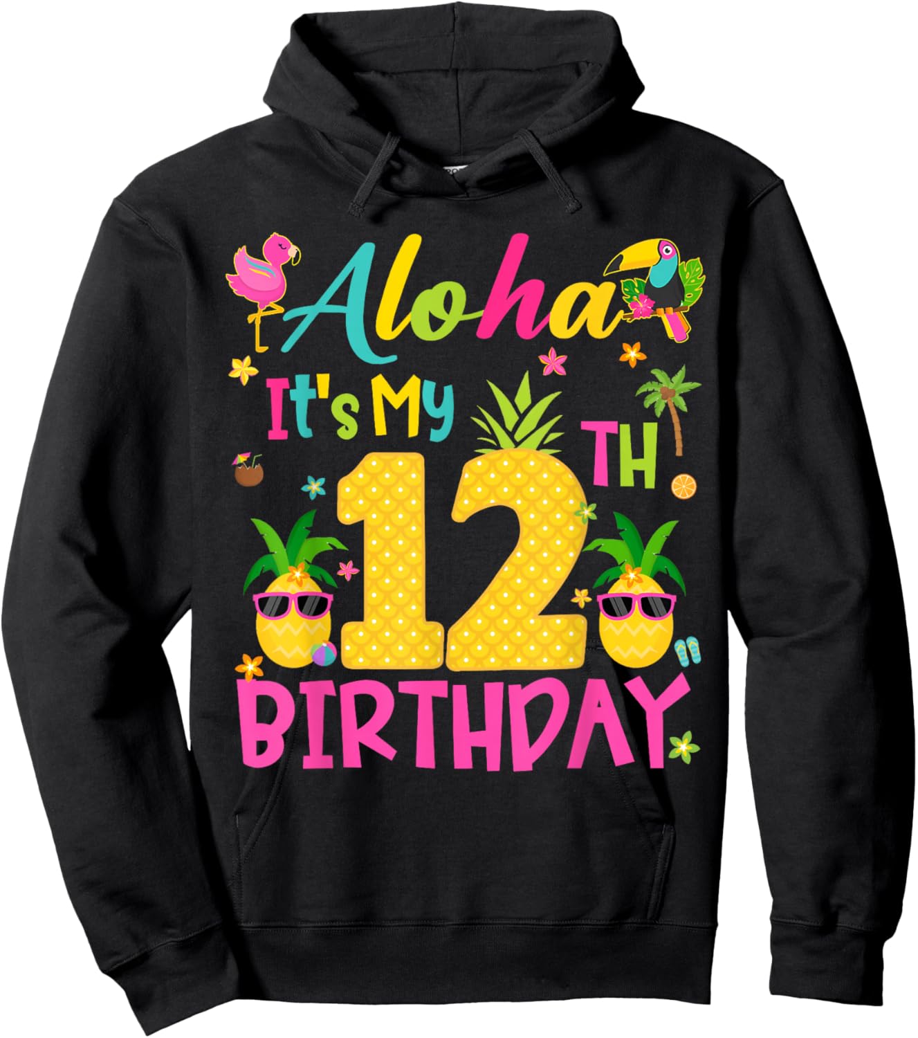 Aloha It's My 12th Birthday Tropical Hawaii Family Matching Hoodie - Hoodie | Black