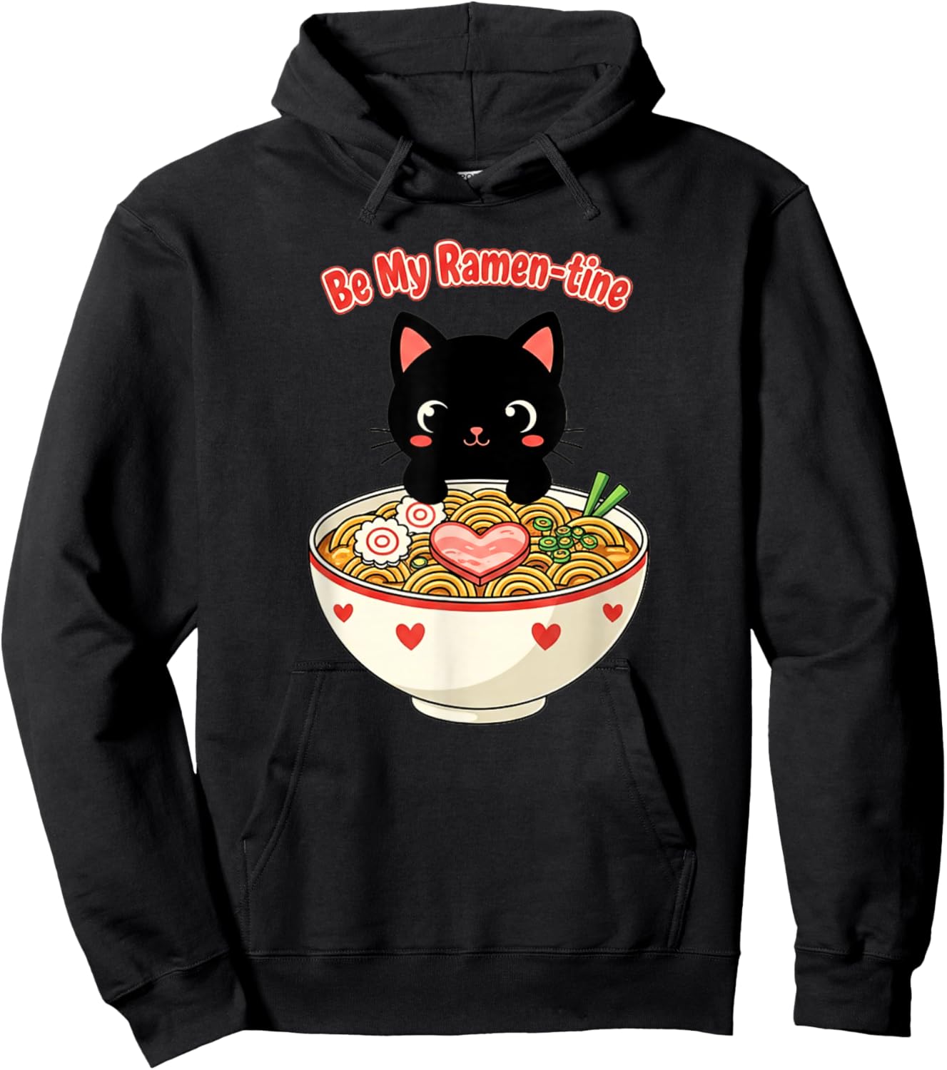 Cat Eating Ramen Cute Valentine's Day Japanese Hoodie - Hoodie | Black