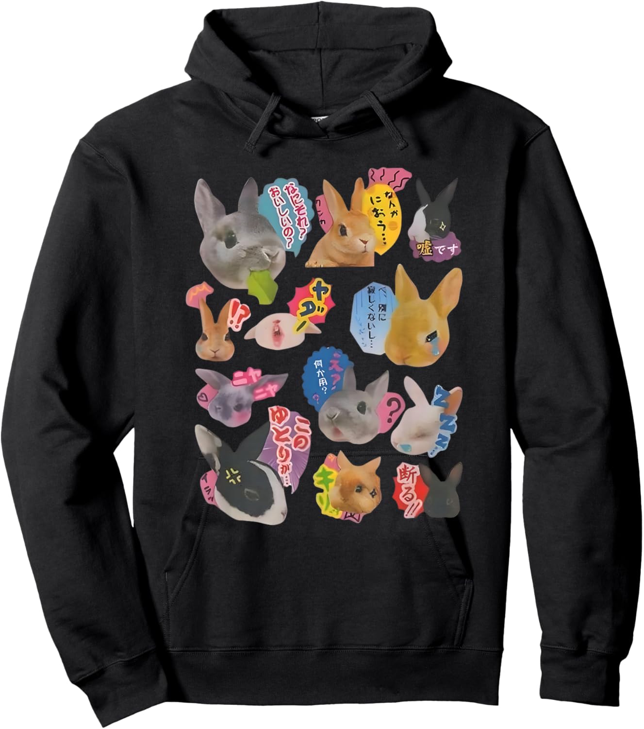Y2K Bunny 90s Harajuku Japanese Sticker Bunny Meme Design Hoodie - Hoodie | Black