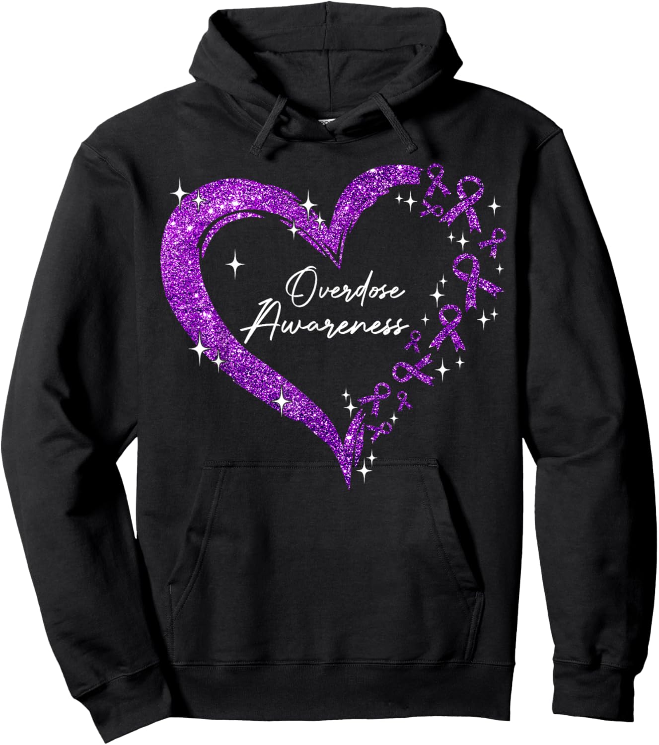 Overdose Awareness Purple Ribbon Drug Addiction Heart Hoodie - Hoodie | Black