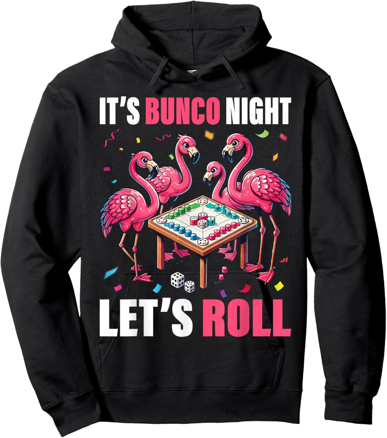 Flamingo Lover Gift Co. Bunco Night Flamingo Bunco Group -Adults Kids Black Short Sleeve Graphic Hoodie - Hoodie | Black