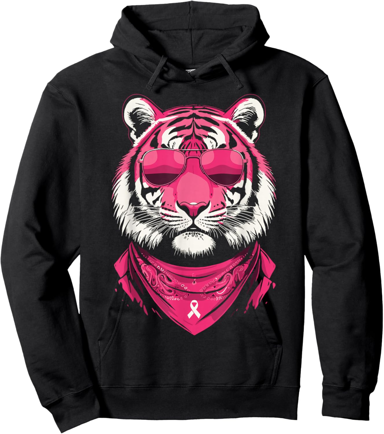 Pink Tiger with Sunglasses Bandana Breast Cancer Awareness Hoodie - Hoodie | Black