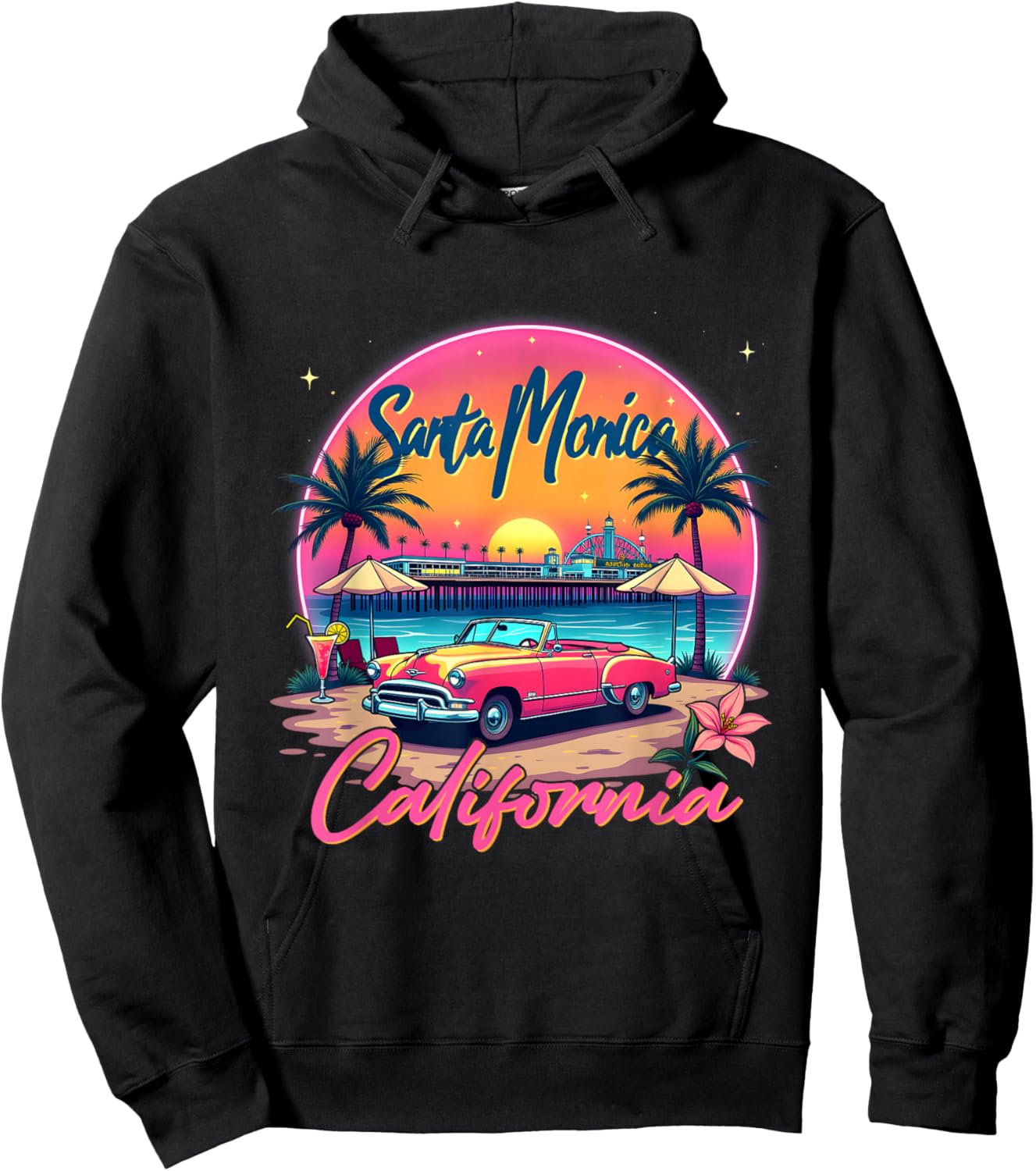 Santa Monica Trip Retro Santa Monica California Sunset Vibes Hoodie - Hoodie | Black