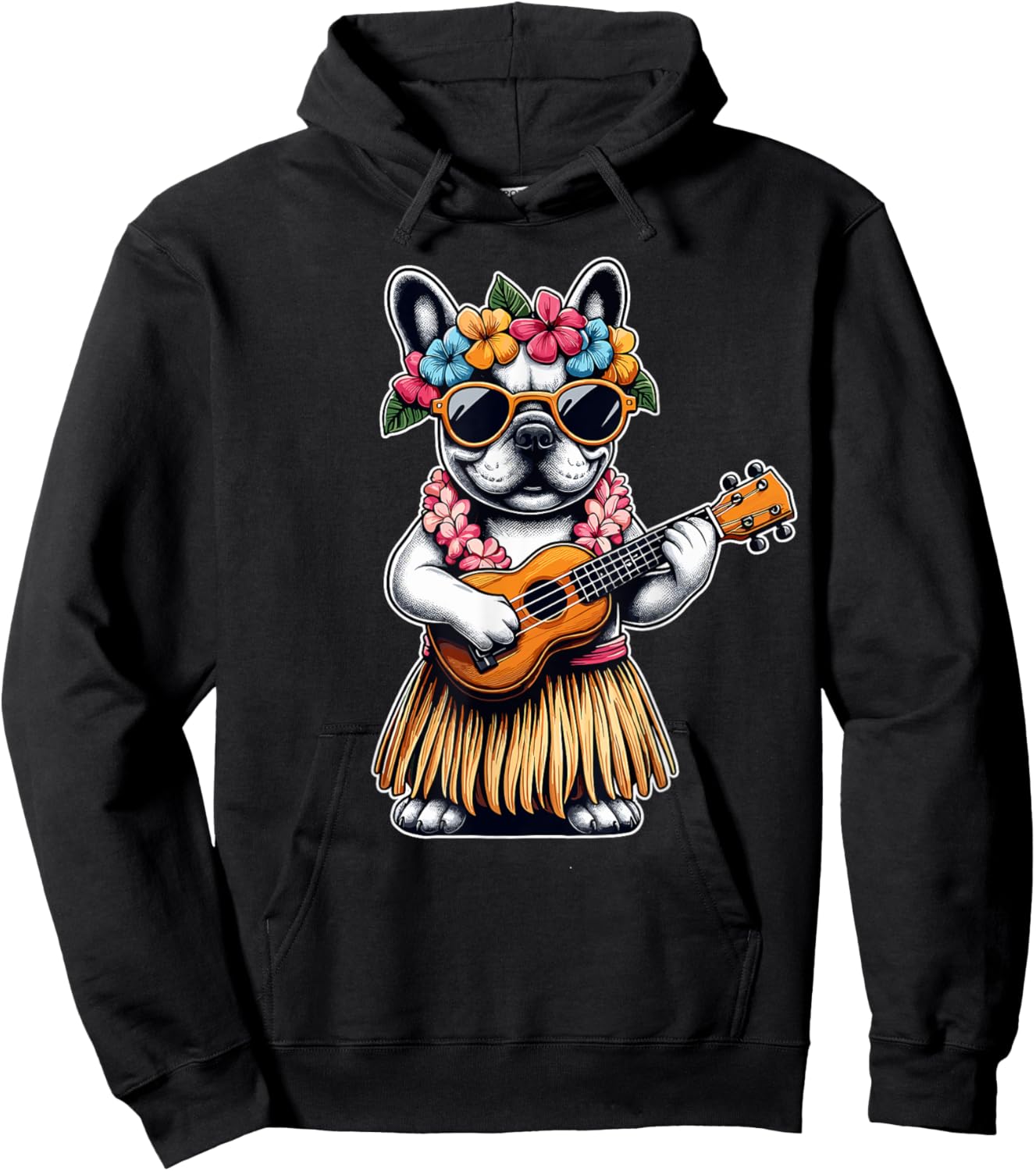 Hula Bulldog French Bulldog Ukulele Hawaiian Women Kids Hoodie - Hoodie | Black