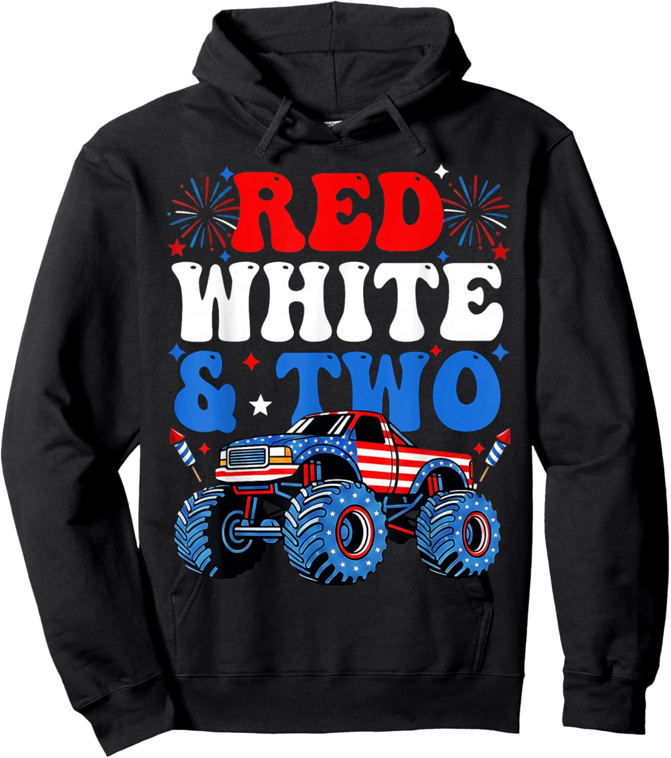 2nd Birthday Boy Monster Truck Red White and Two 4th of July Hoodie - Hoodie | Black