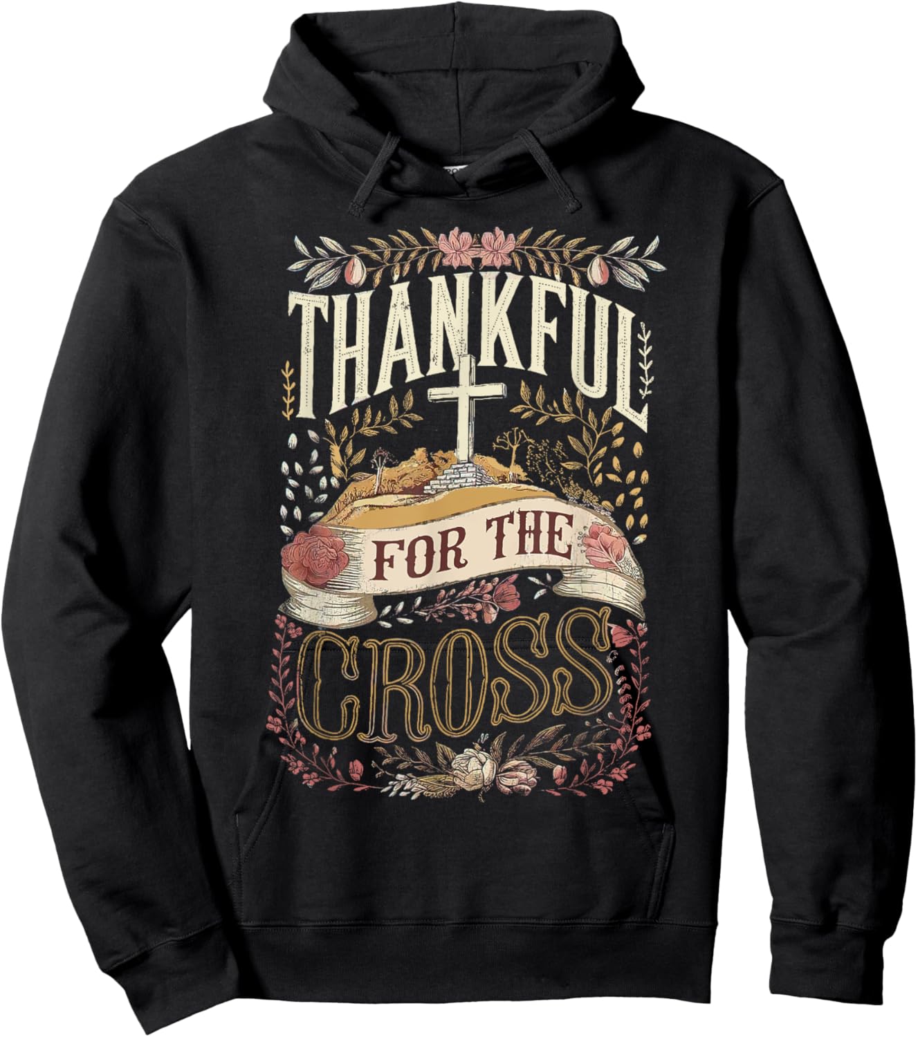 Retro Thankful for the Cross Thanksgiving Christian Clothing Hoodie - Hoodie | Black