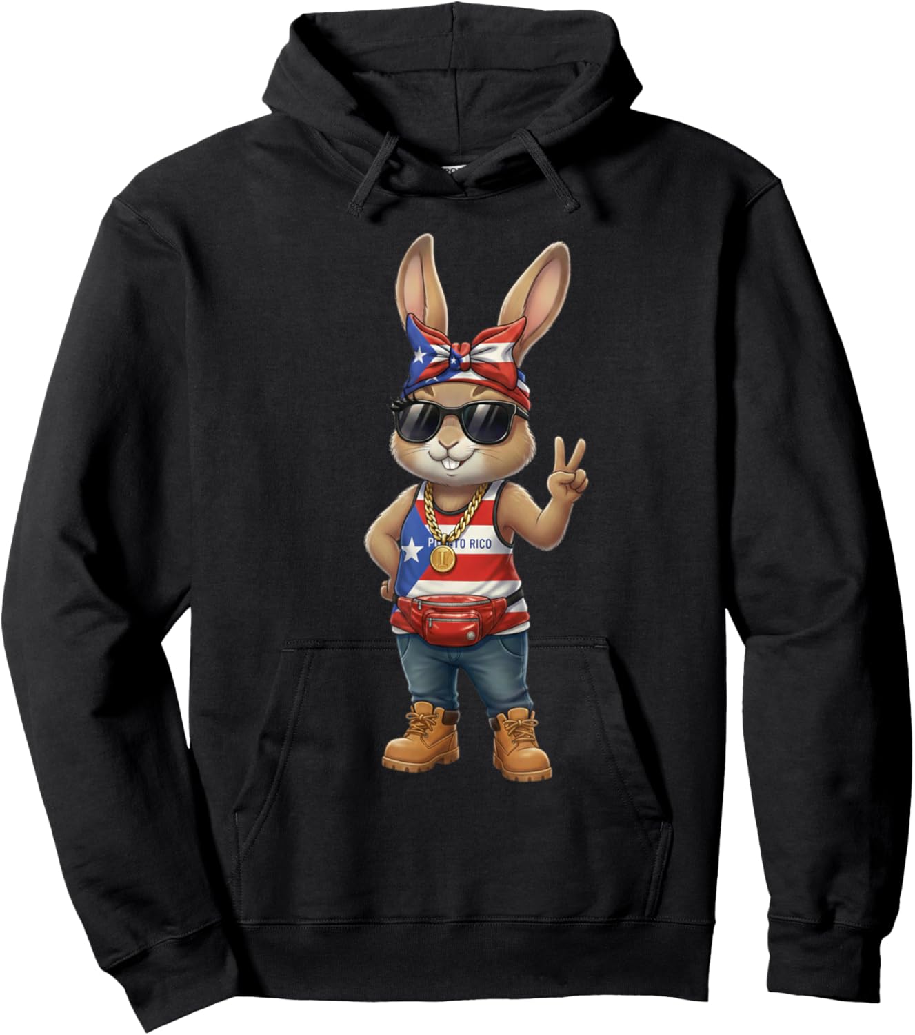 Puerto Rico Bunny Patriotic Bandana Peace Sign Boricua Girl Hoodie - Hoodie | Black