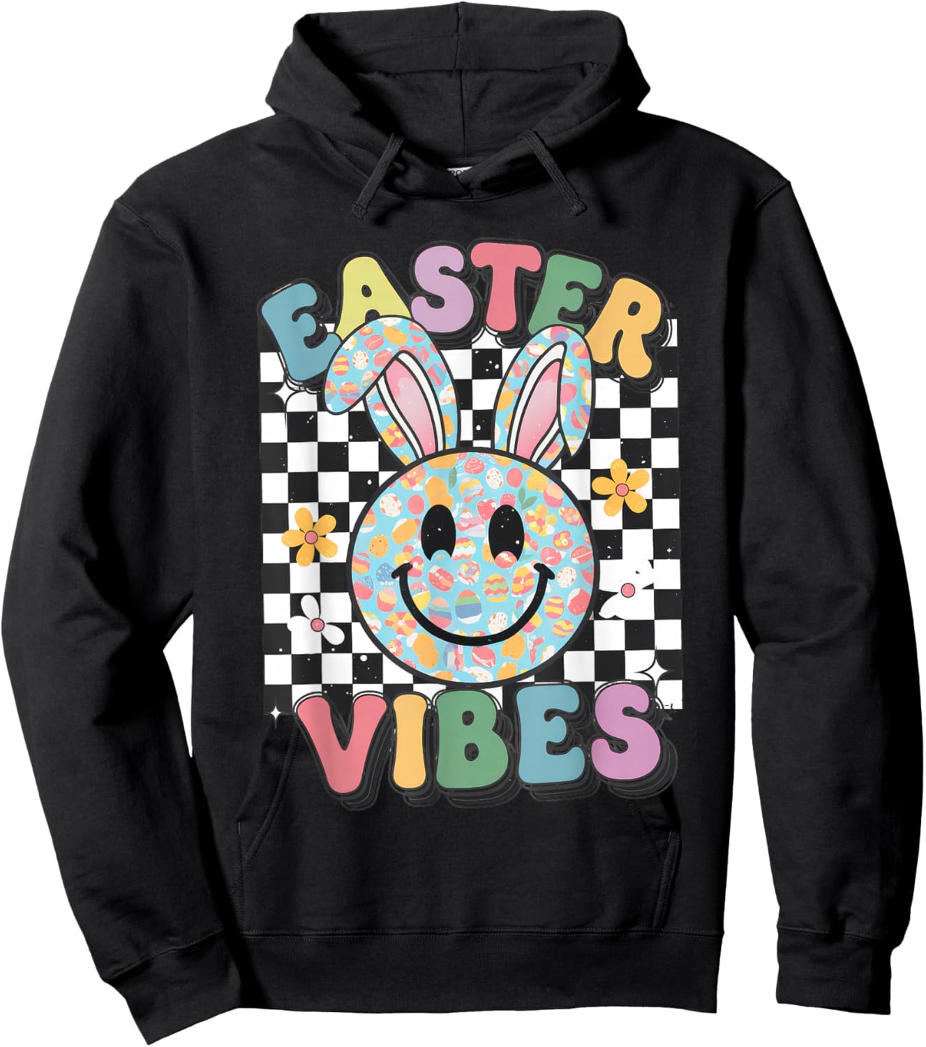 Retro Groovy Easter Vibes Bunny Checkered Smile Girls Hoodie - Hoodie | Black