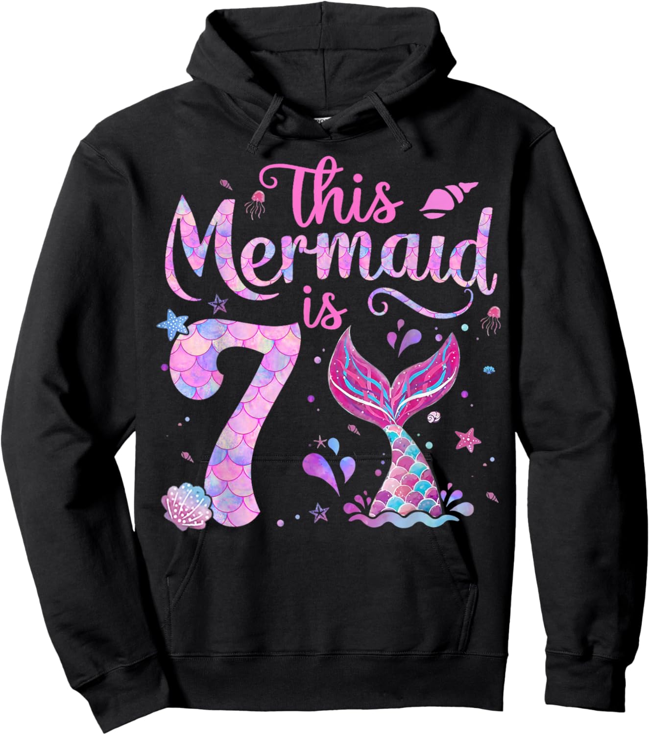 Kids 7th Birthday Girl Shirt 7 Year Old Mermaid Bday Girls Hoodie - Hoodie | Black