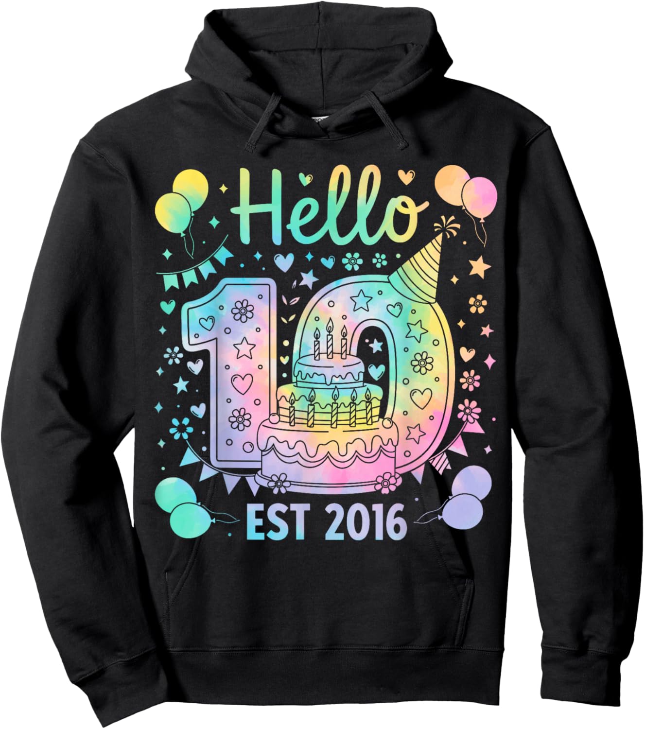 Hello Ten EST 2016 10th Birthday Boys Girls 10 Years Tie Dye Hoodie - Hoodie | Black