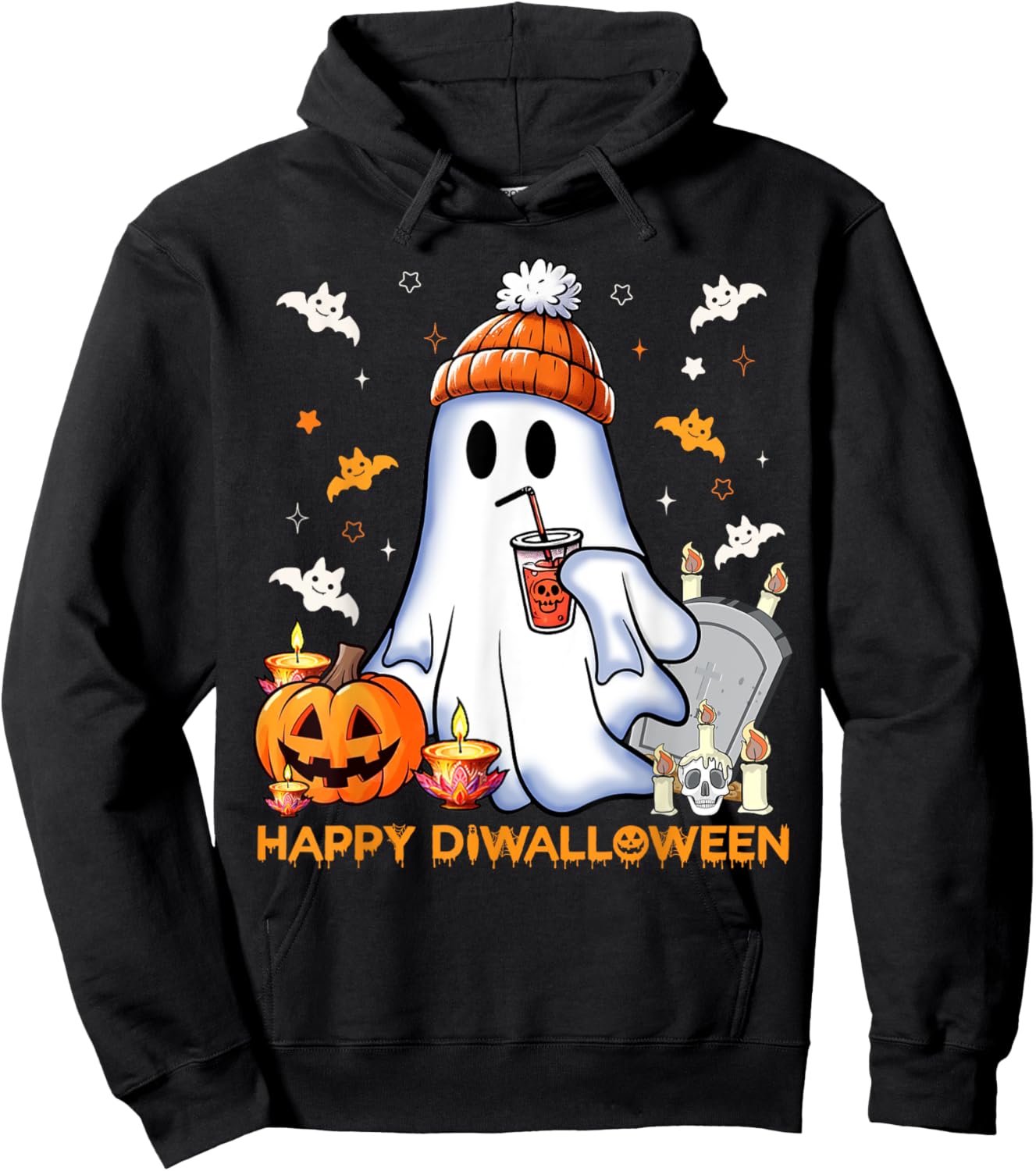 Happy Diwalloween Diwali Halloween Costume Adult Black Small Short Sleeve Modern Mandarin Collar Cartoon Applique Diwali Halloween Fusion Hoodie - Hoodie | Black