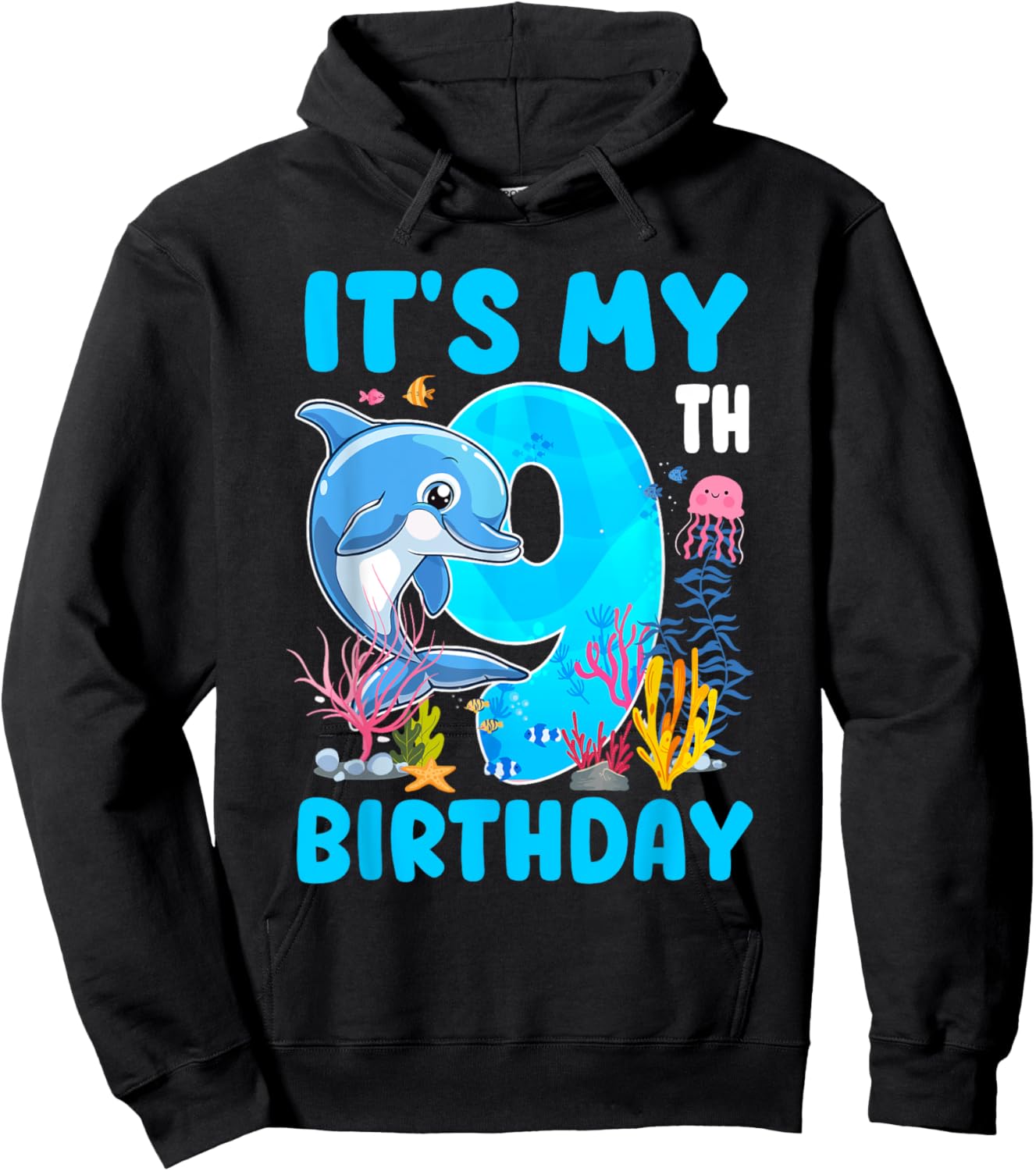 It's My 9th Birthday Dolphin Sea Animal Themed 9 Year Old Hoodie - Hoodie | Black