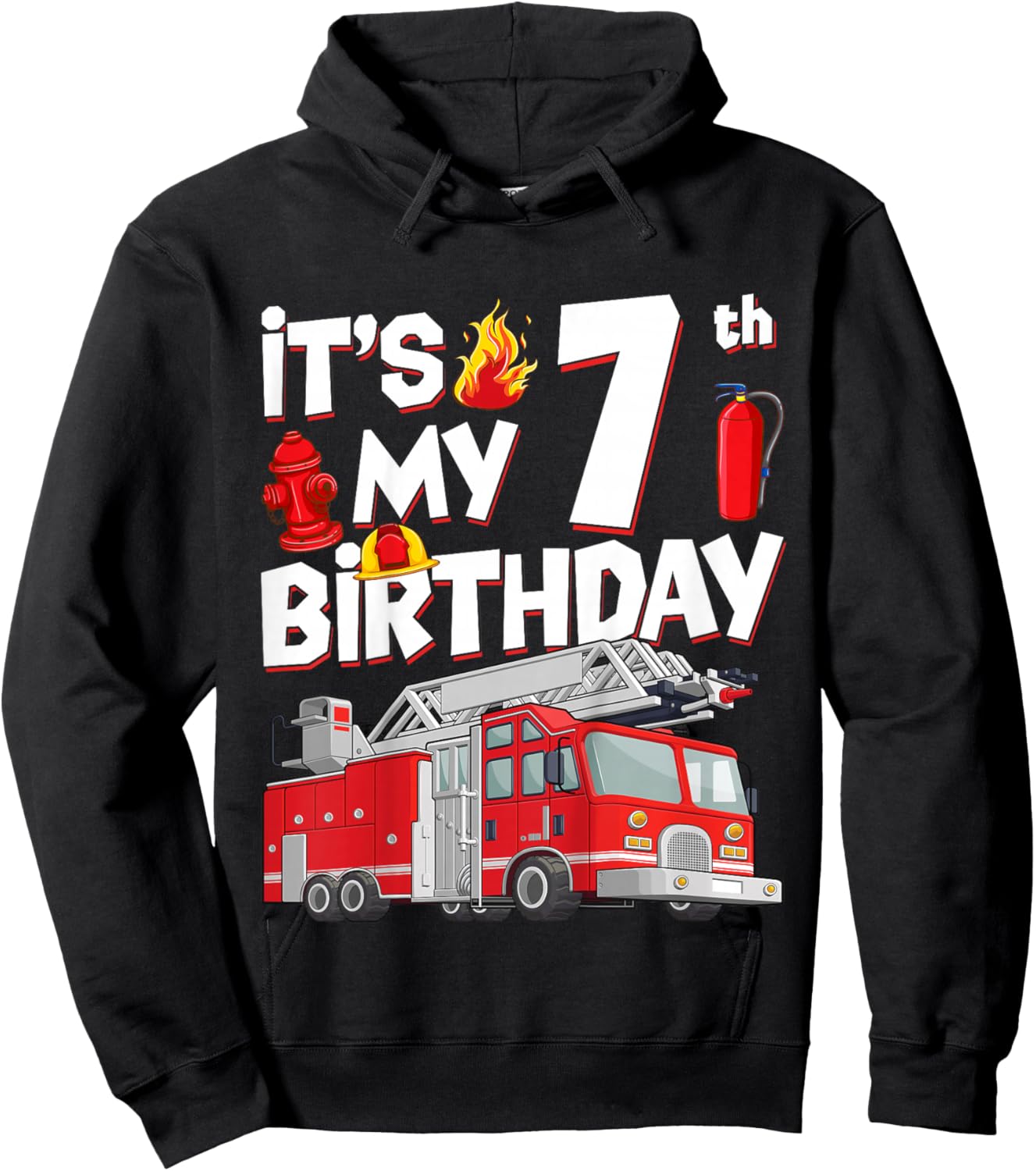 7th Birthday Boy Fire Truck 7 Years Old Toddler Firefighter Hoodie - Hoodie | Black