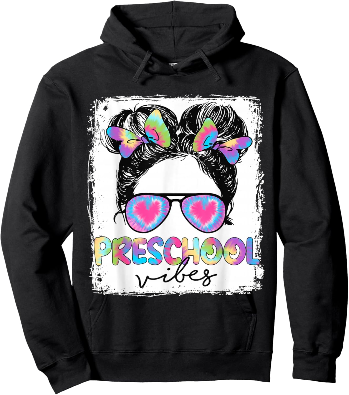 Preschool Vibes Messy Hair Bun Girl Back To School First Day Hoodie - Hoodie | Black