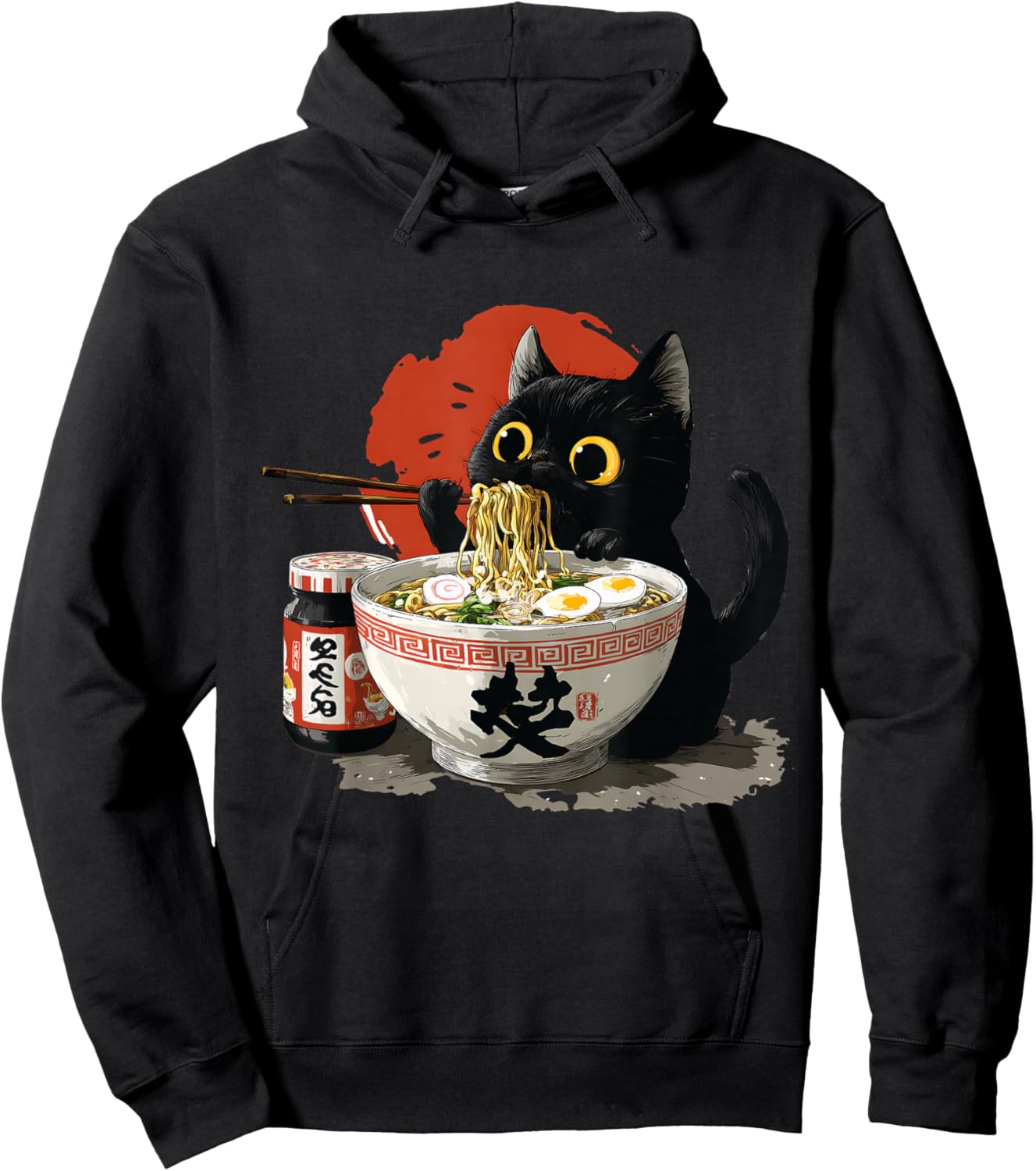 Funny Japanese Cat Eating Noodles Ramen Hoodie - Hoodie | Black
