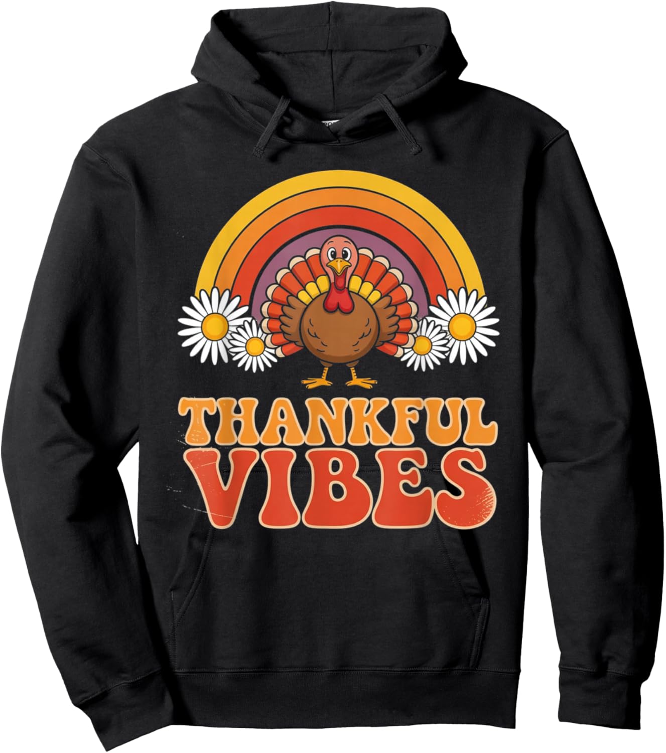 Thankful Vibes Turkey Rainbow Funny Retro Thanksgiving Gifts Hoodie - Hoodie | Black