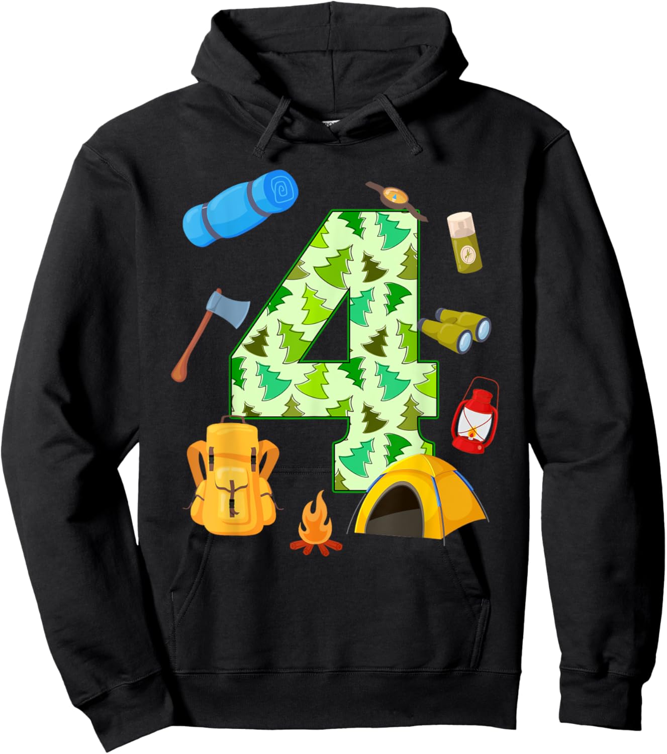 4th Birthday Camping Theme 4 Year Old Birthday Kids Hoodie - Hoodie | Black