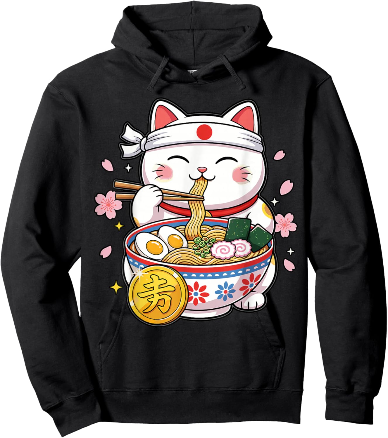 Kawaii Maneki Neko Shirt Women, Cute Japanese Cat Hoodie - Hoodie | Black