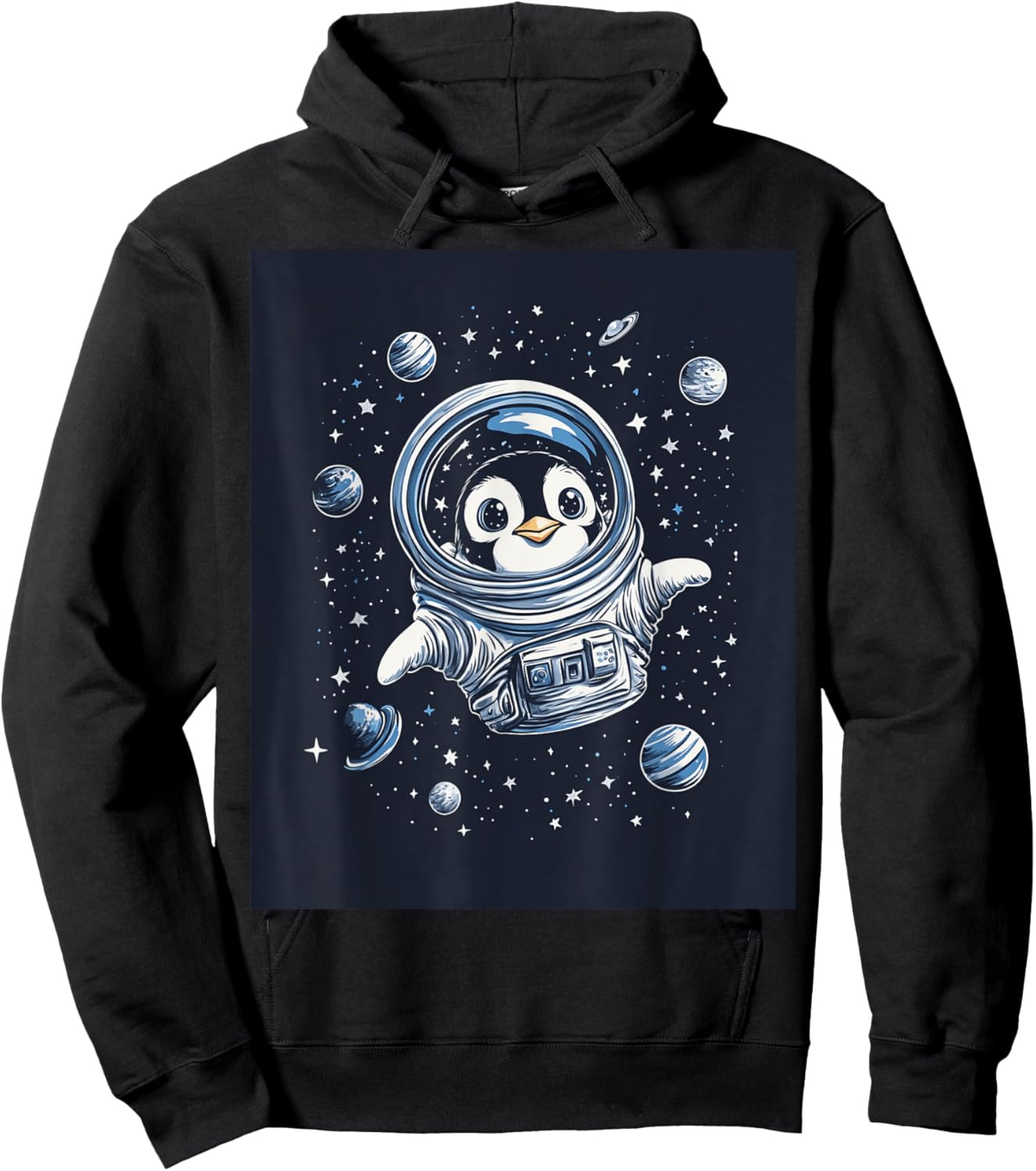 Cute Penguin in Space Floating Among Stars Apparel Hoodie - Hoodie | Black