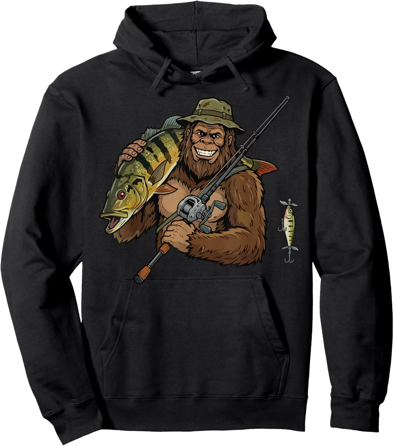 Peacock Bass Fishing Funny Bigfoot Hoodie - Hoodie | Black