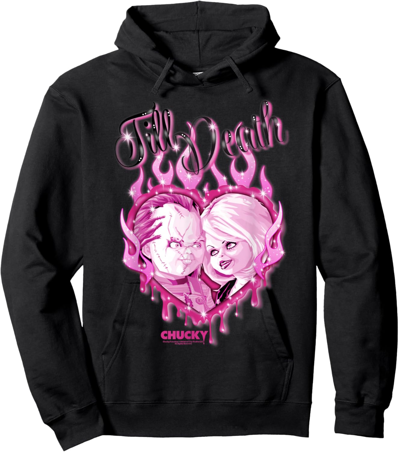 Chucky and Tiffany Till Death Flaming Heart Hoodie - Hoodie | Black