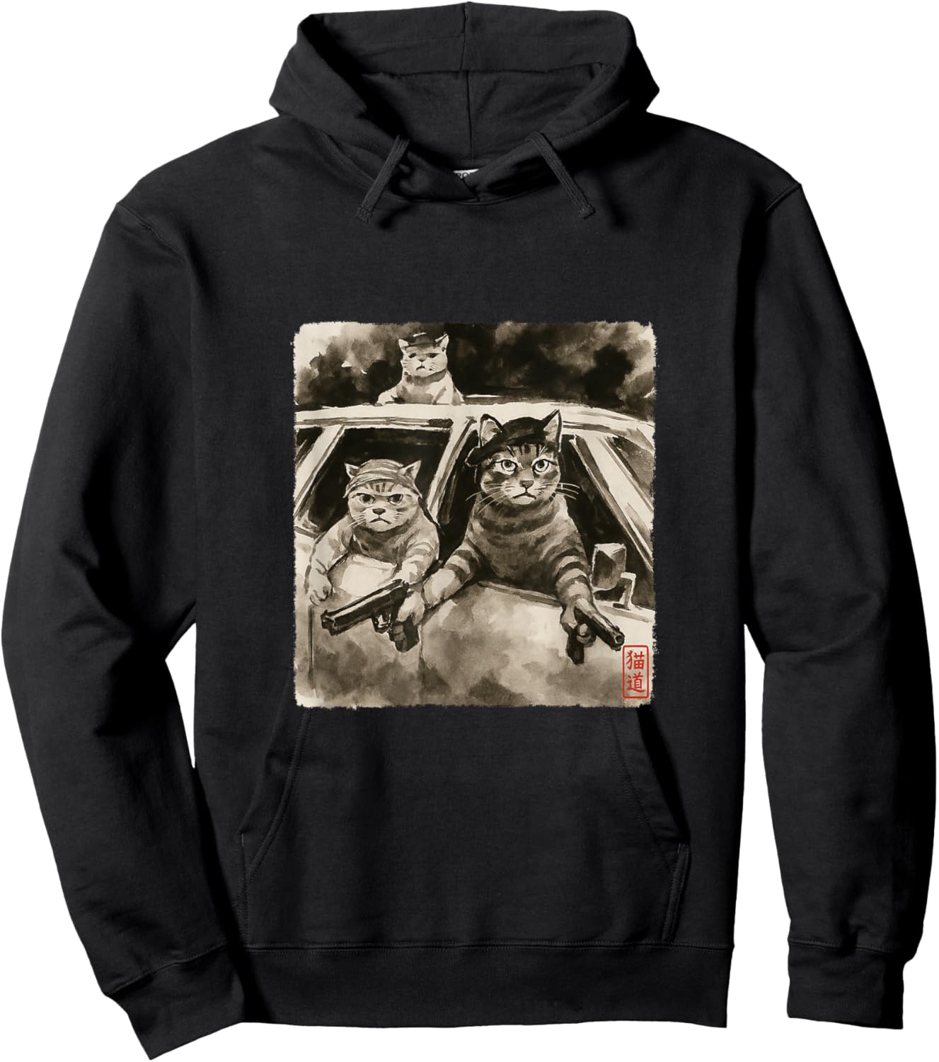 Cat Gang Meme Japanese Art Funny Gangster Cats Sumi-e Kawaii Hoodie - Hoodie | Black
