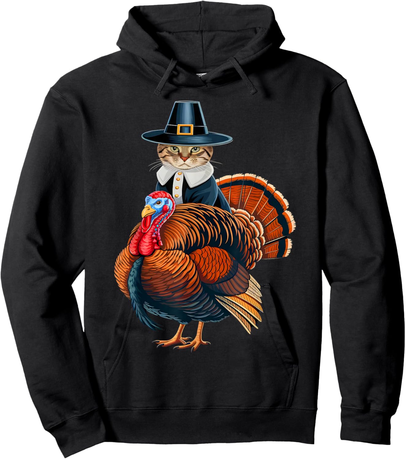 Pilgrim Cat With Turkey Funny Thanksgiving Cat And Turkey Hoodie - Hoodie | Black