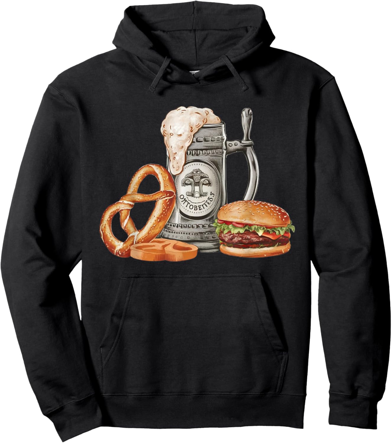 Oktoberfest Beer Mug with Pretzel and Burger, Festive Bavar Hoodie - Hoodie | Black