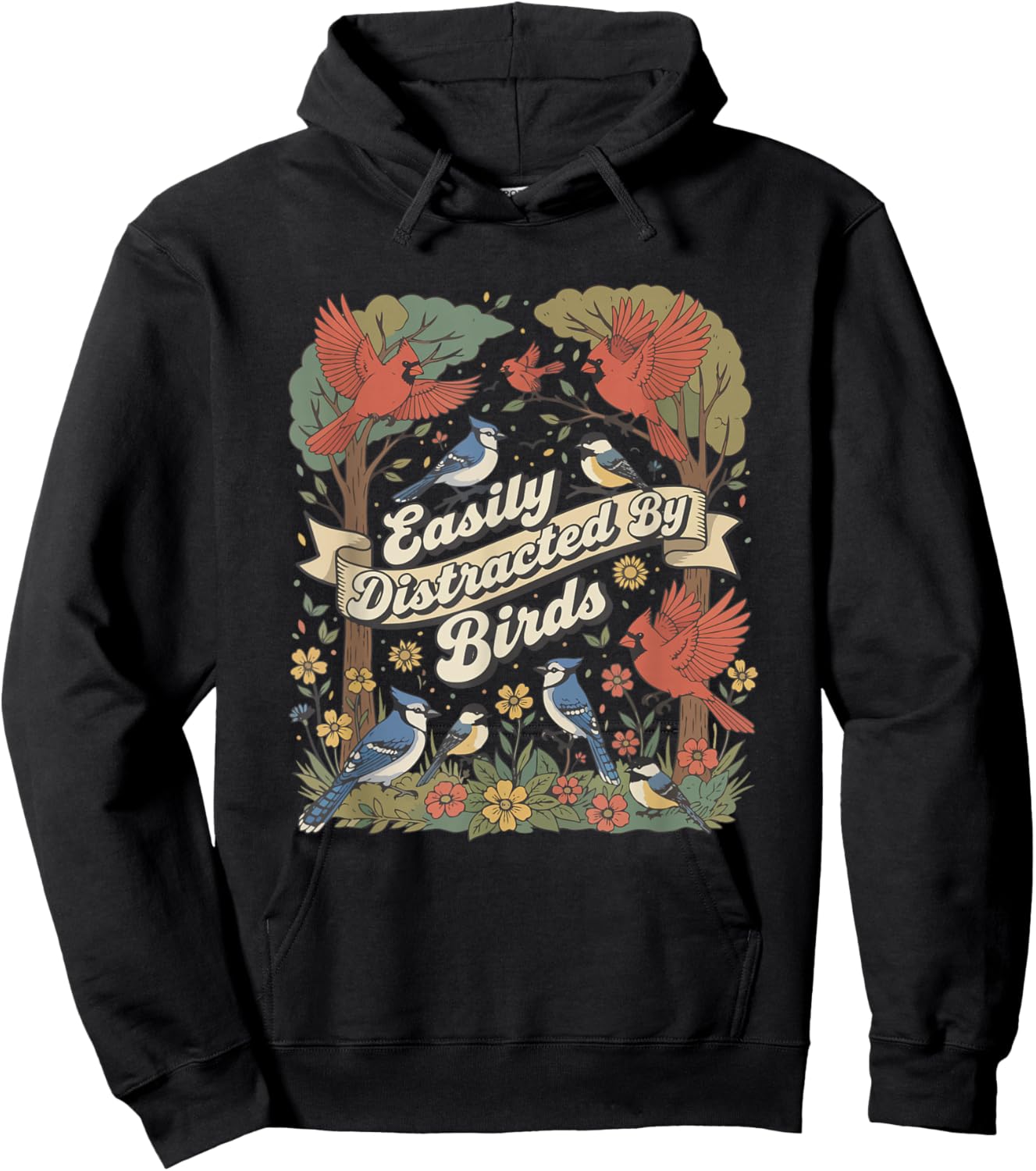 Easily Distracted By Birds Vintage Nature Lover Funny Hoodie - Hoodie | Black