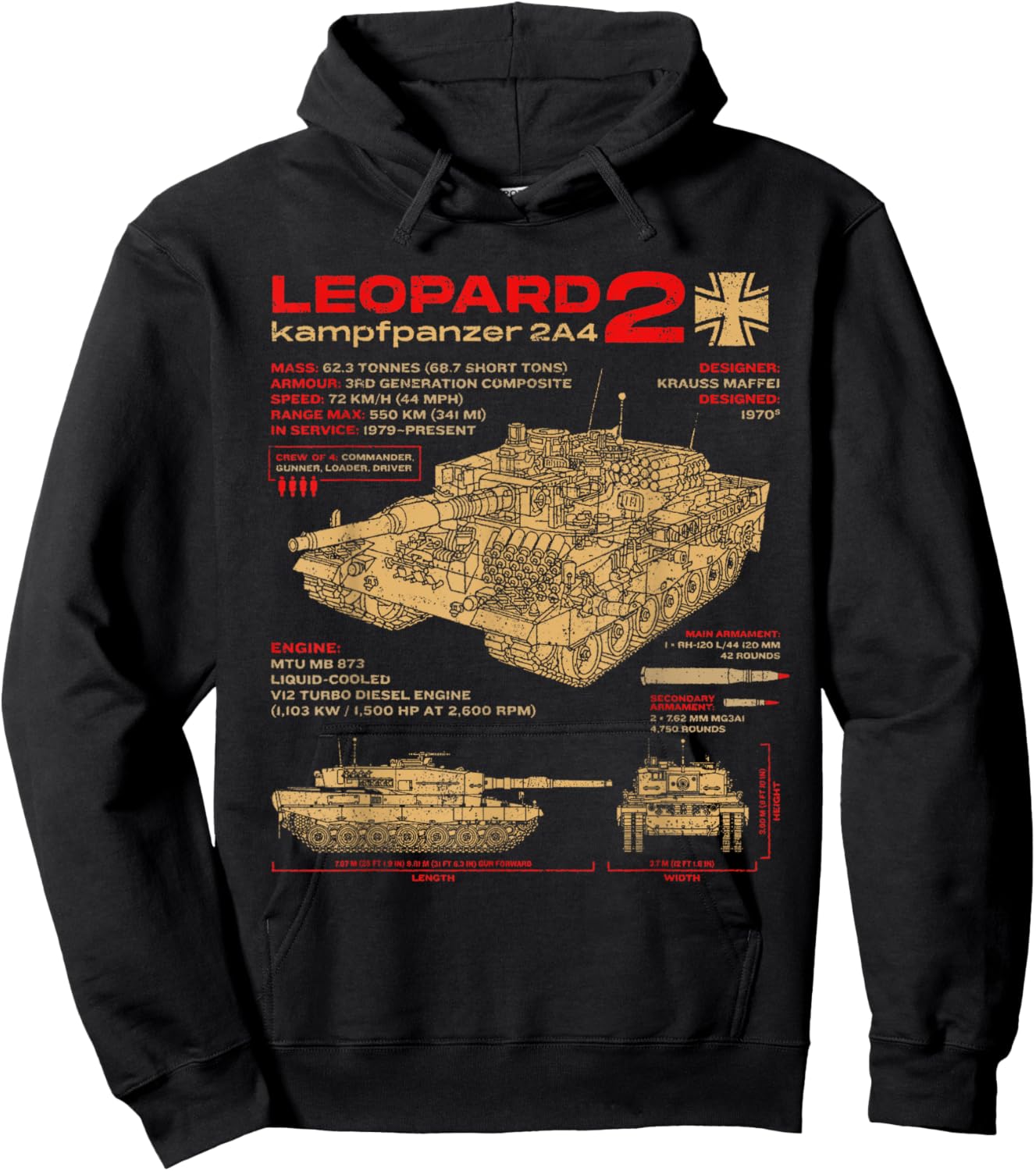 Leopard 2 2A4 Tank Armored Vehicle Blueprint Hoodie - Hoodie | Black