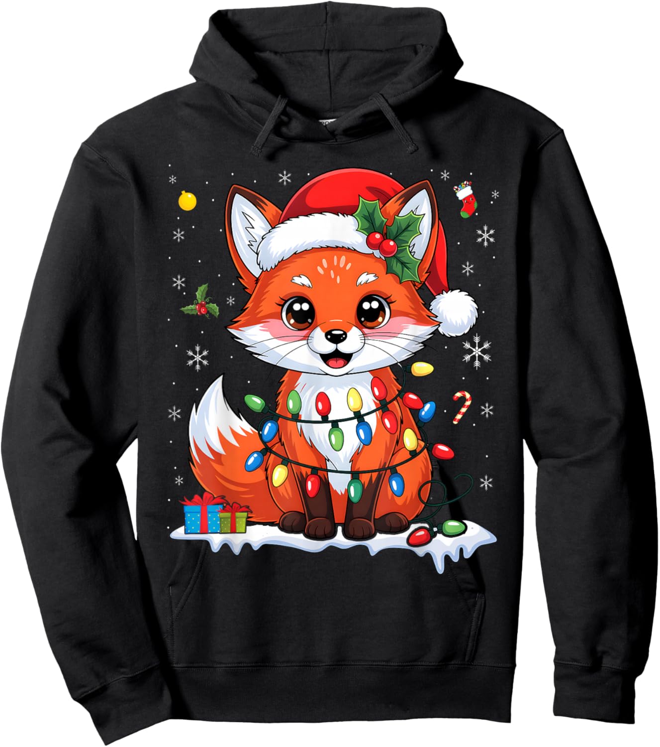 Merry Foxmas Christmas Lights Cute Fox Santa Hat Hoodie - Hoodie | Black