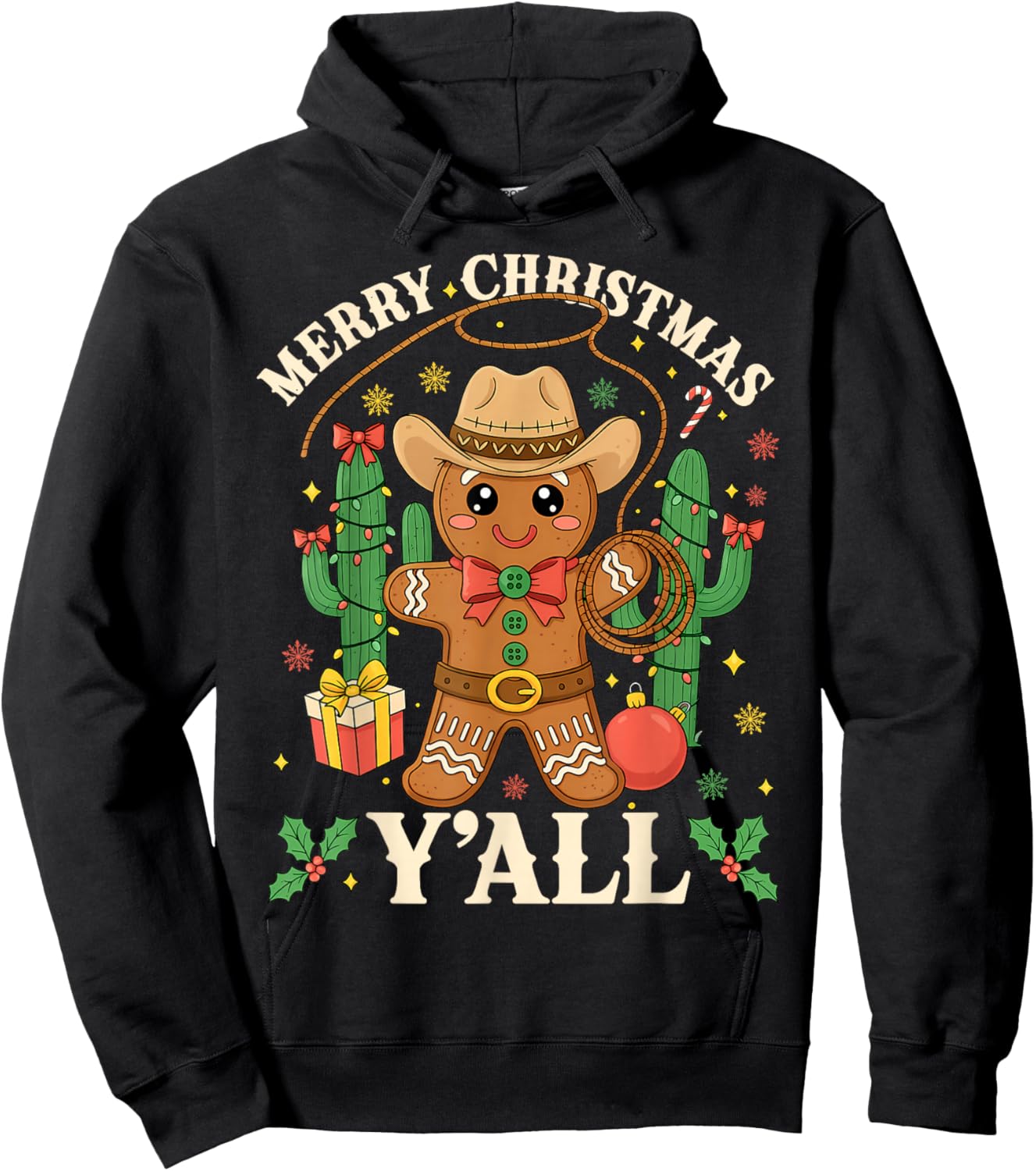 Merry Christmas Yall Gingerbread Cowboy Cowgirl Howdy Xmas Hoodie - Hoodie | Black
