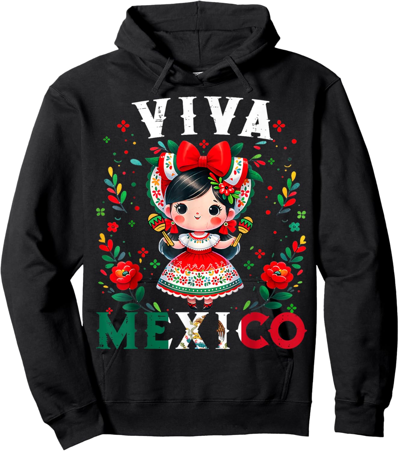 Viva Mexico Flag Mexican Independence Day Girls Kids Hoodie - Hoodie | Black