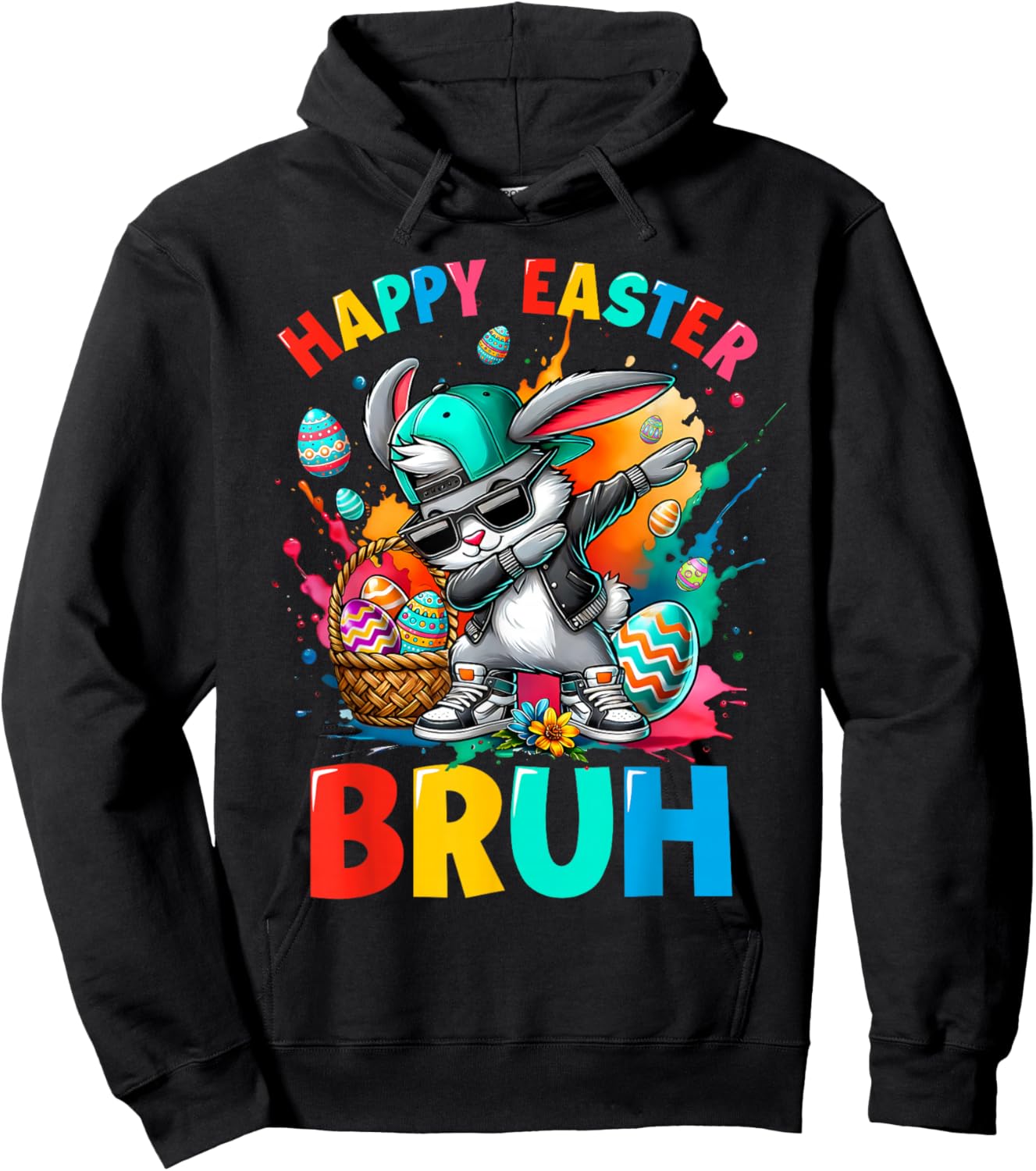 Dabbing Bunny Sunglasses Rabbit Eggs Happy Easter Bruh Funny Hoodie - Hoodie | Black