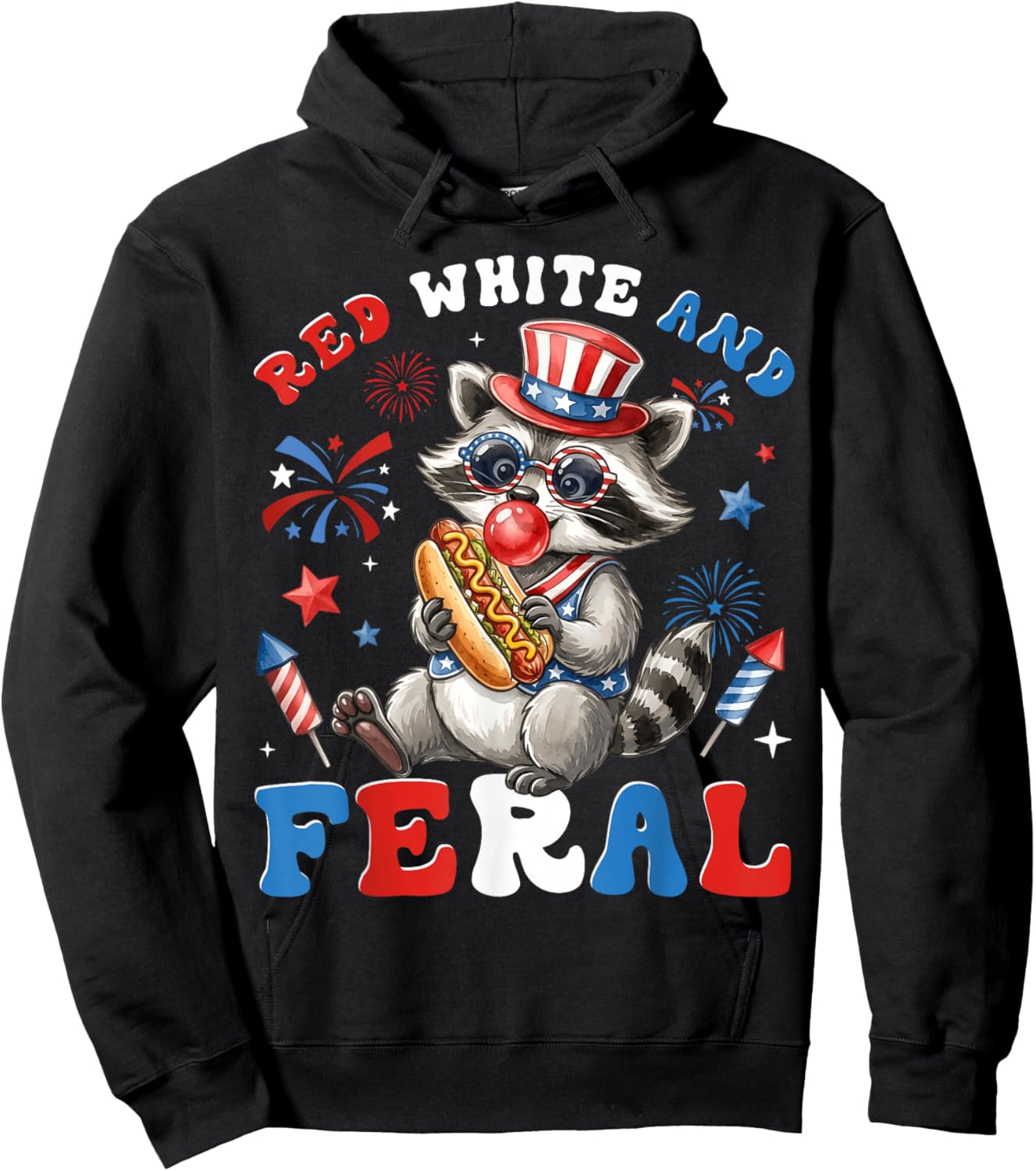 4th of July Funny Raccoon Red White Feral Kids Men Women Hoodie - Hoodie | Black