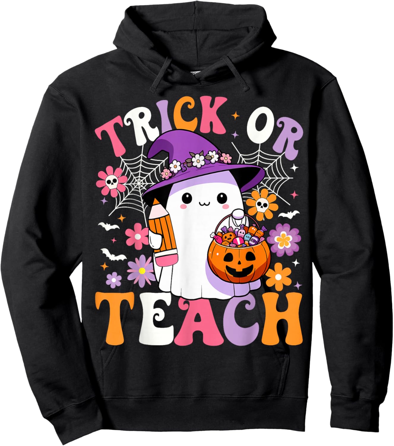 Trick Or Teach Groovy Teacher Ghost Funny Halloween Teacher Hoodie - Hoodie | Black