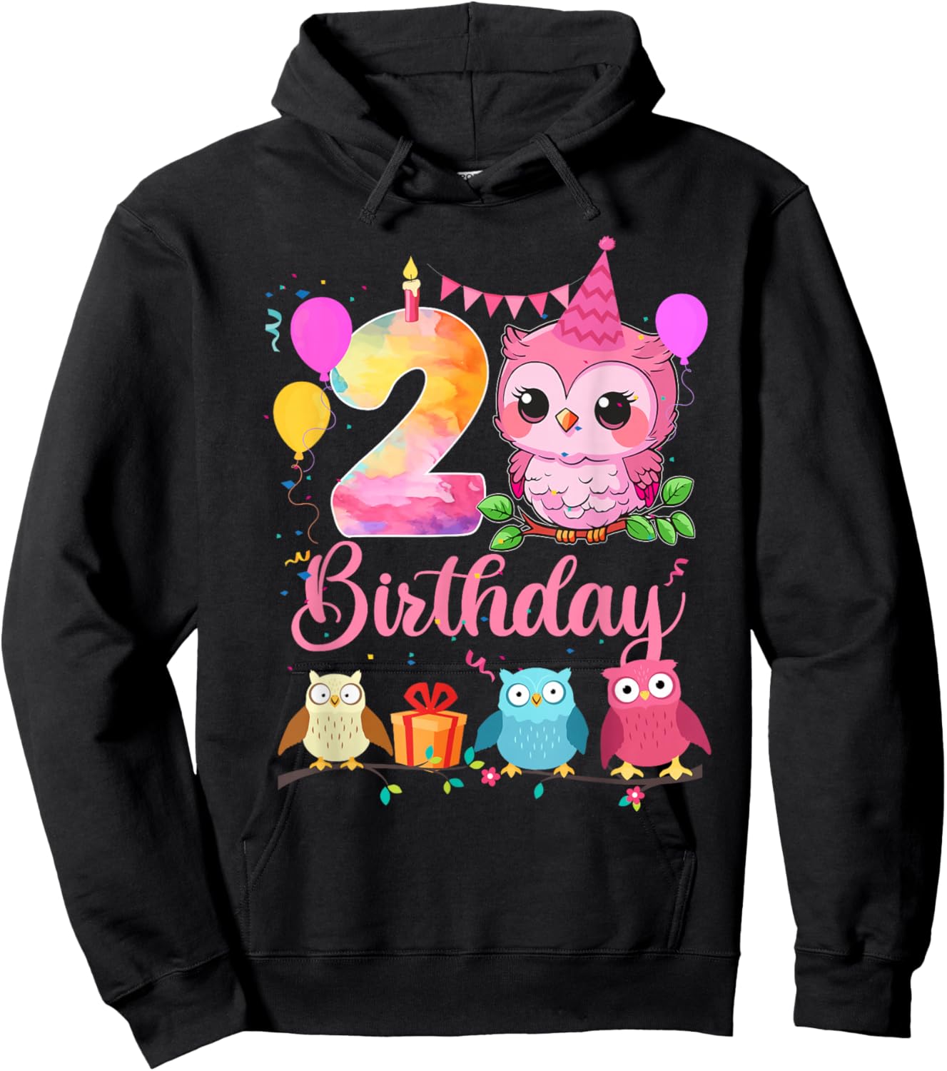 2nd Owl Birthday Party 2 Years Old Girls Owl Birthday Hoodie - Hoodie | Black