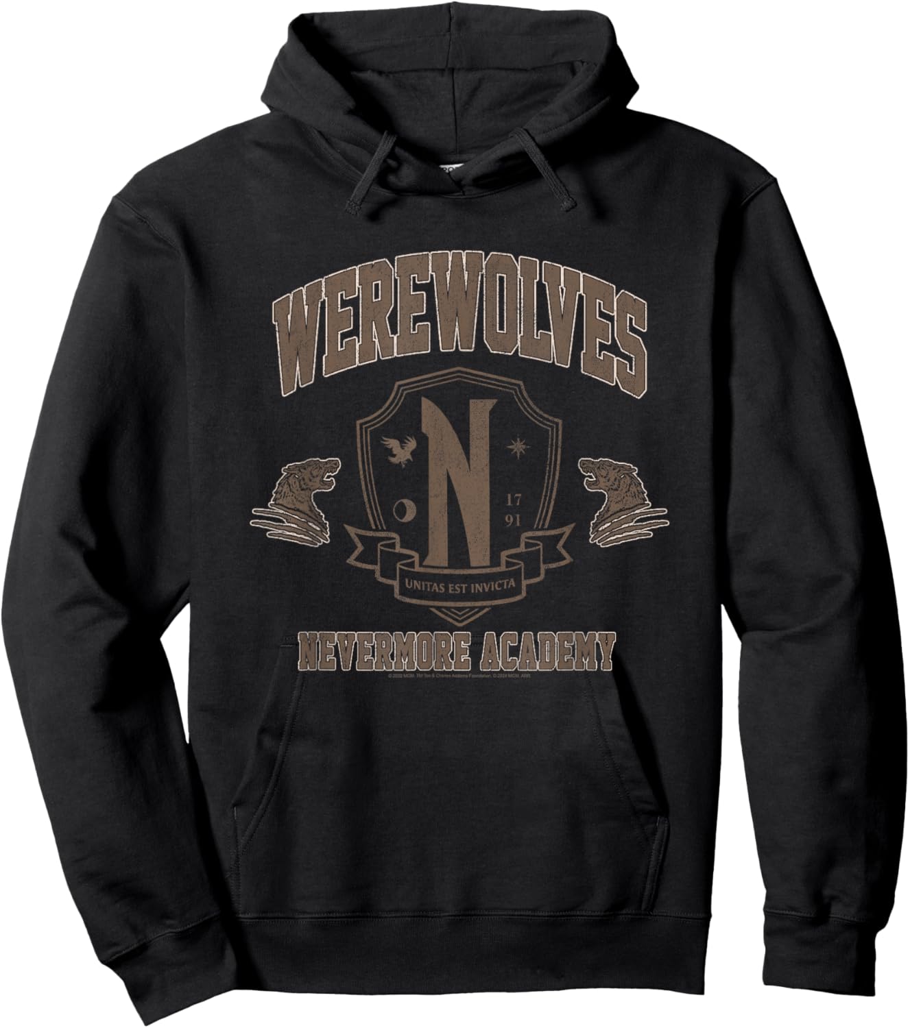 Wednesday Werewolves Nevermore Academy Distressed Chest Logo Hoodie - Hoodie | Black