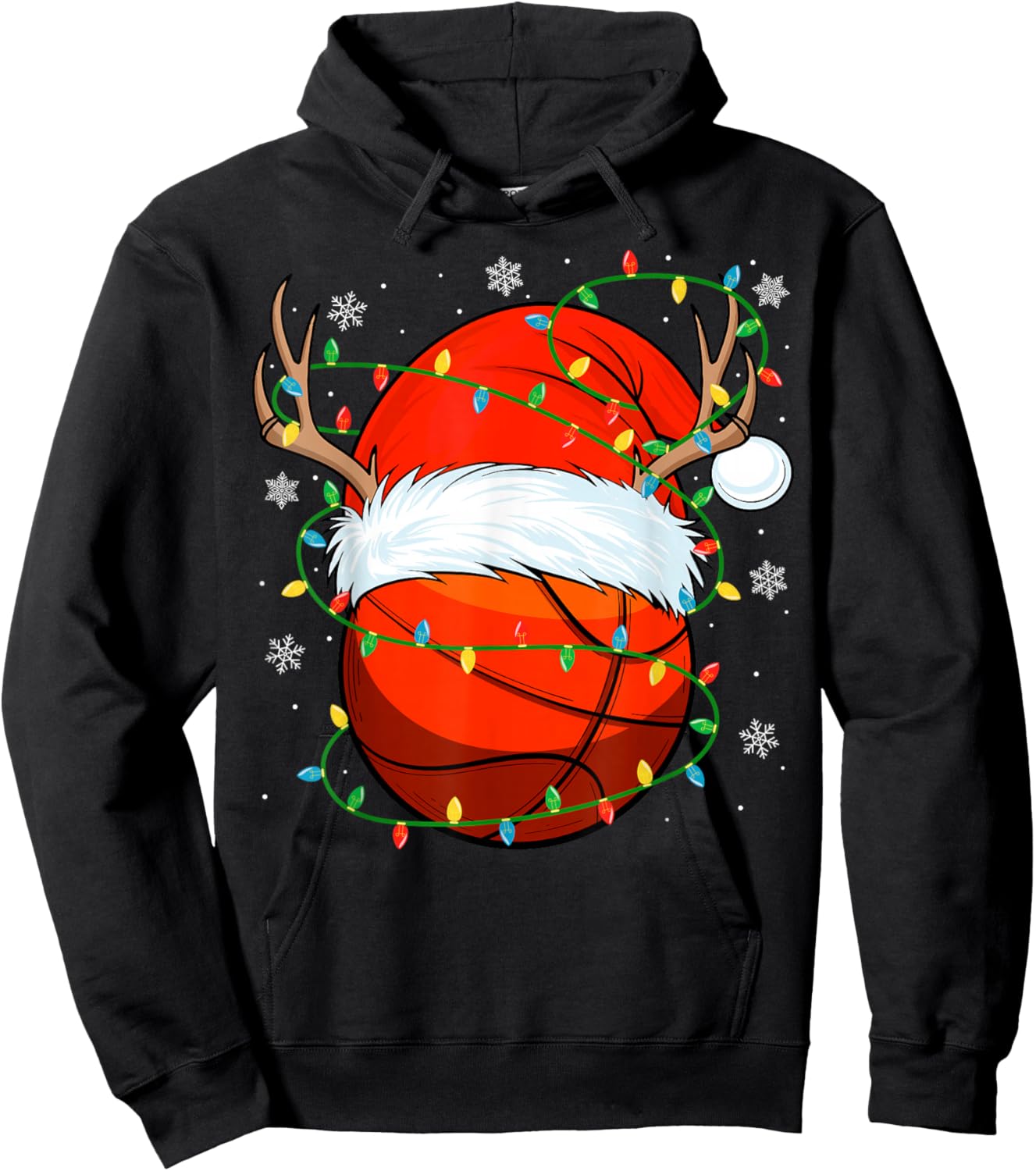 Santa Basketball Ball Xmas Lights Christmas Basketball Hoodie - Hoodie | Black